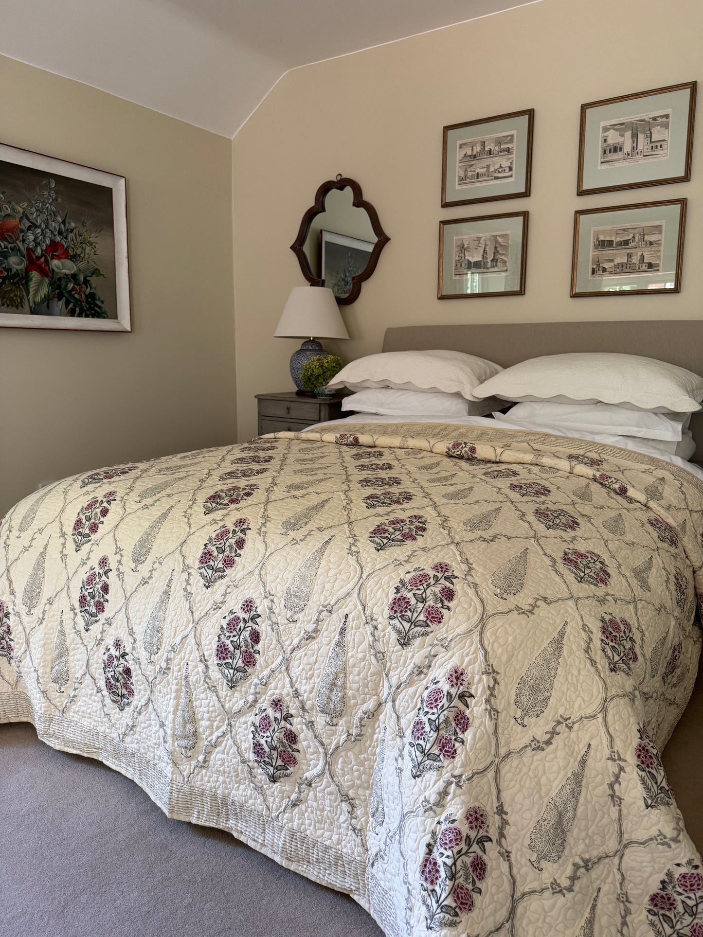 Hand block-printed king size bedspread in antiqued cypress & shrub print, 100% cotton