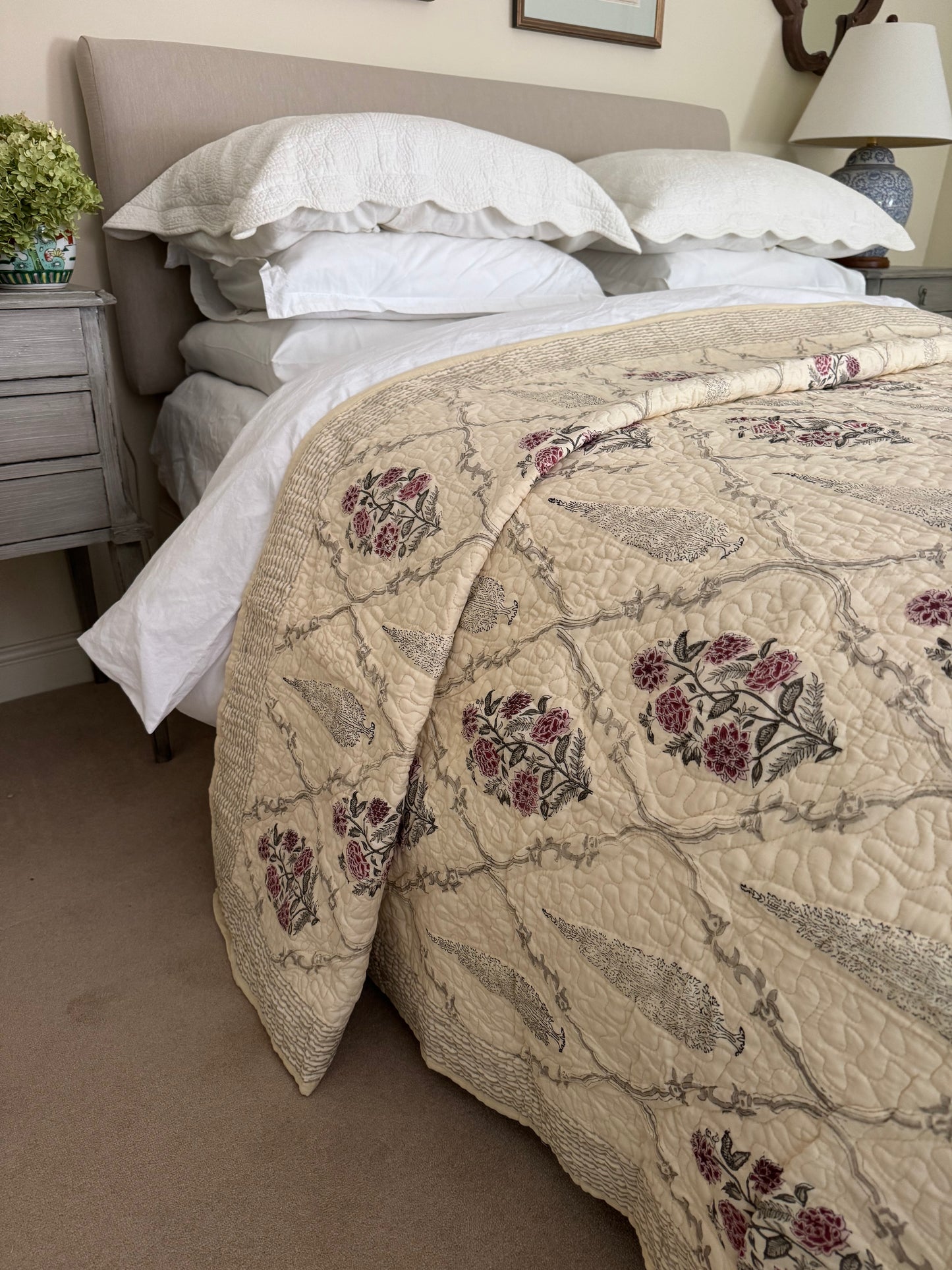 Hand block-printed king size bedspread in antiqued cypress & shrub print, 100% cotton