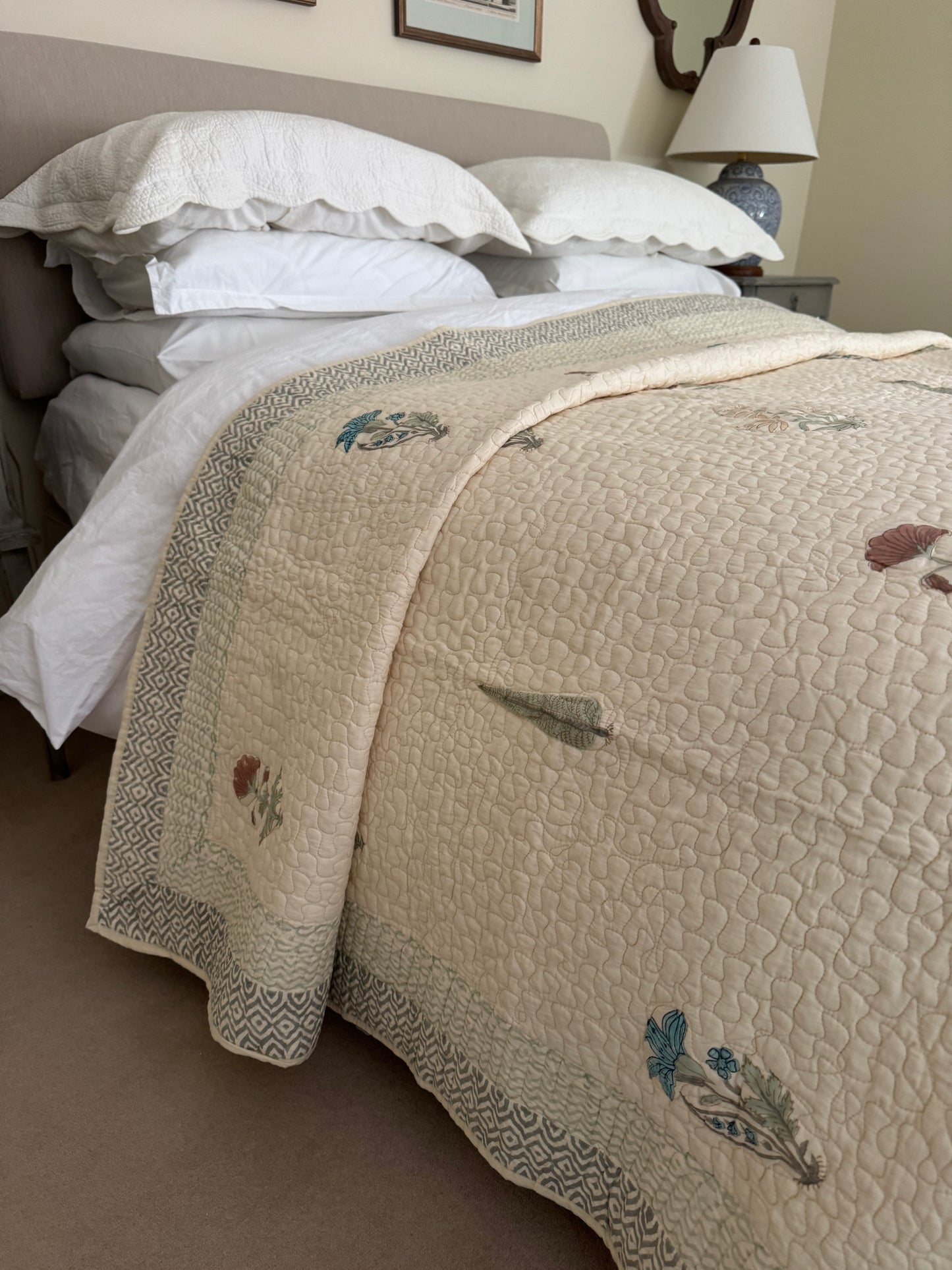 Hand block-printed king size bedspread in antiqued cypress print, 100% cotton