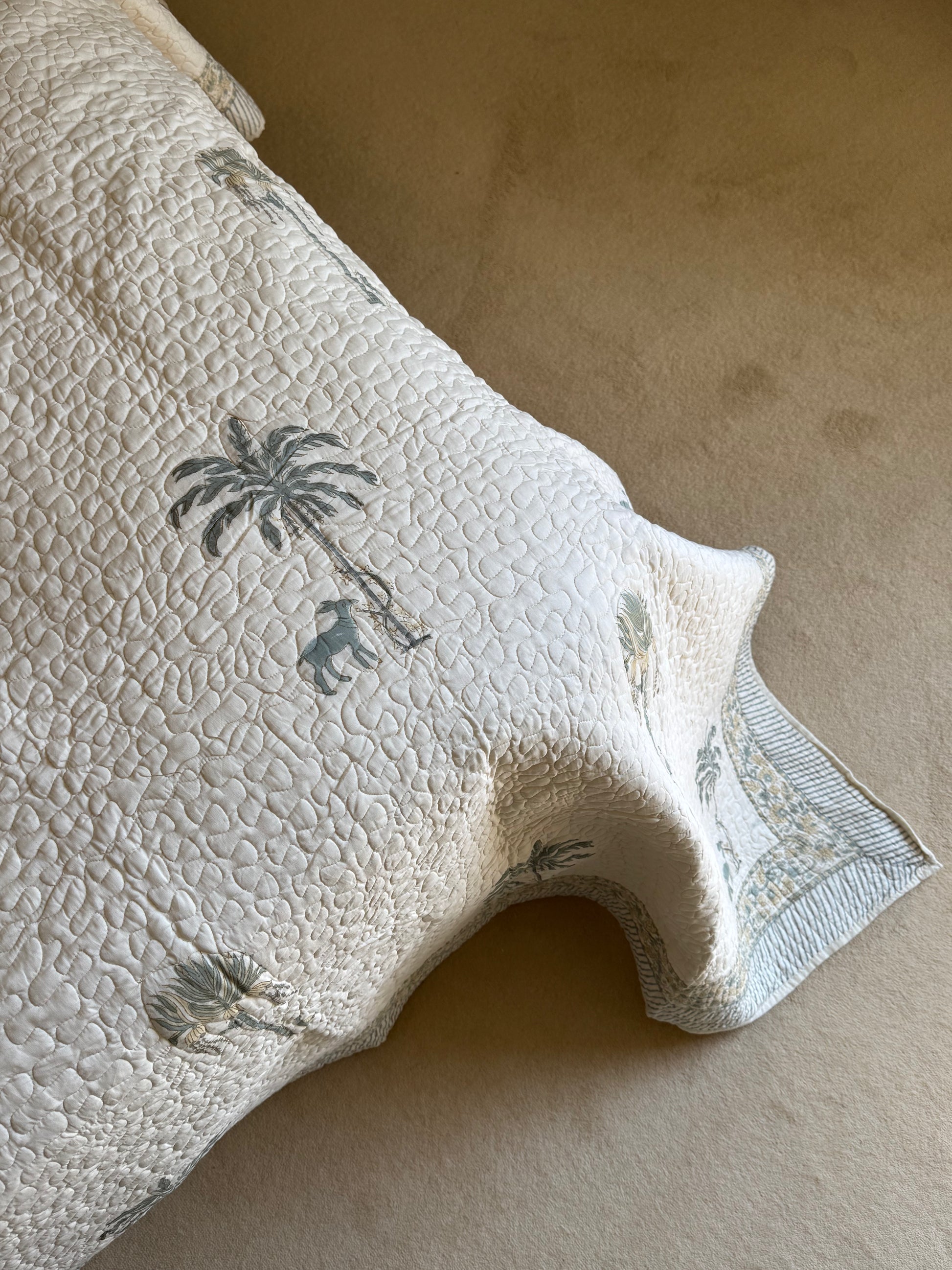 Hand block-printed king size bedspread in antiqued goat & shrub print, 100% cotton