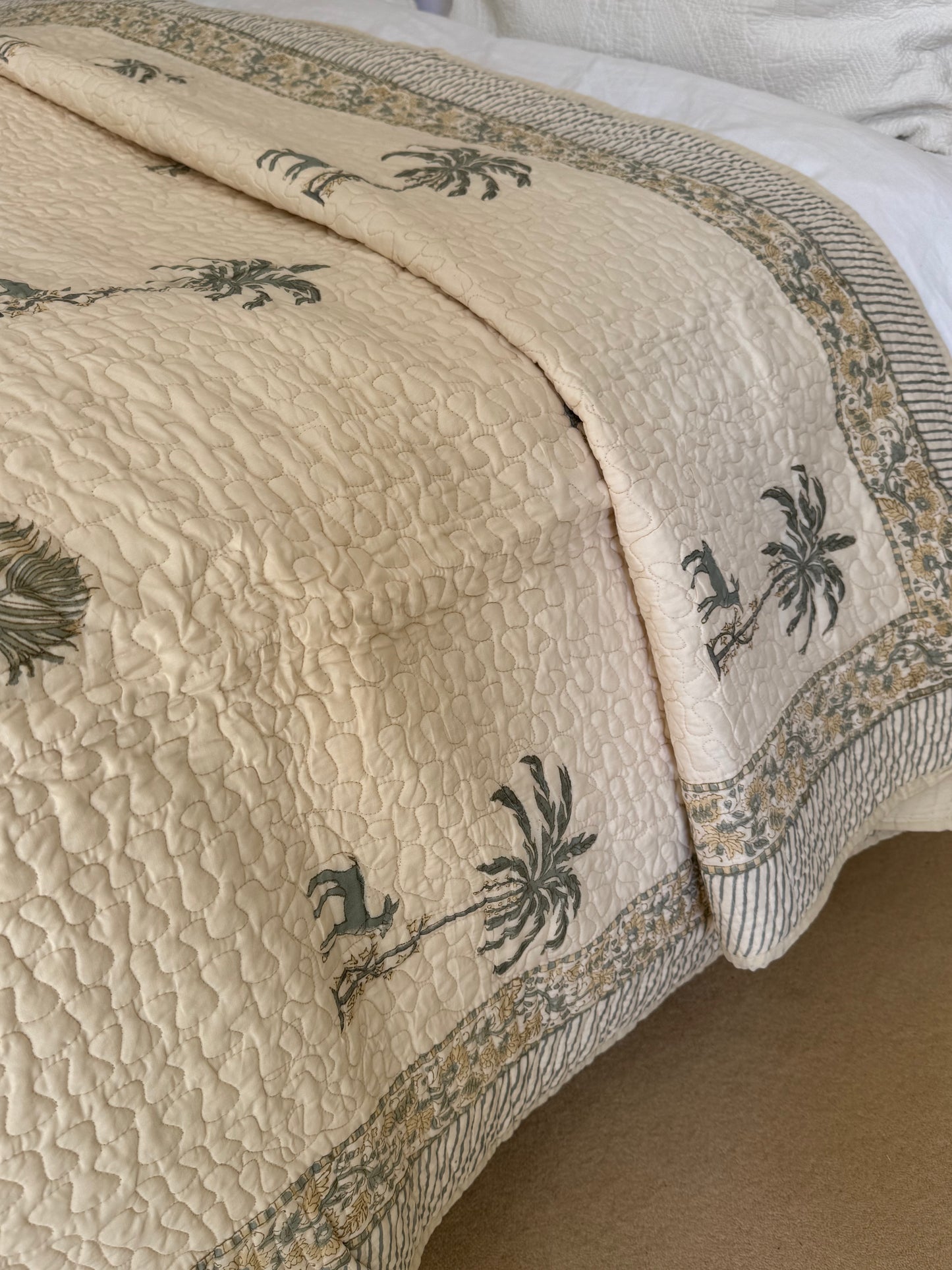 Hand block-printed king size bedspread in antiqued goat & shrub print, 100% cotton
