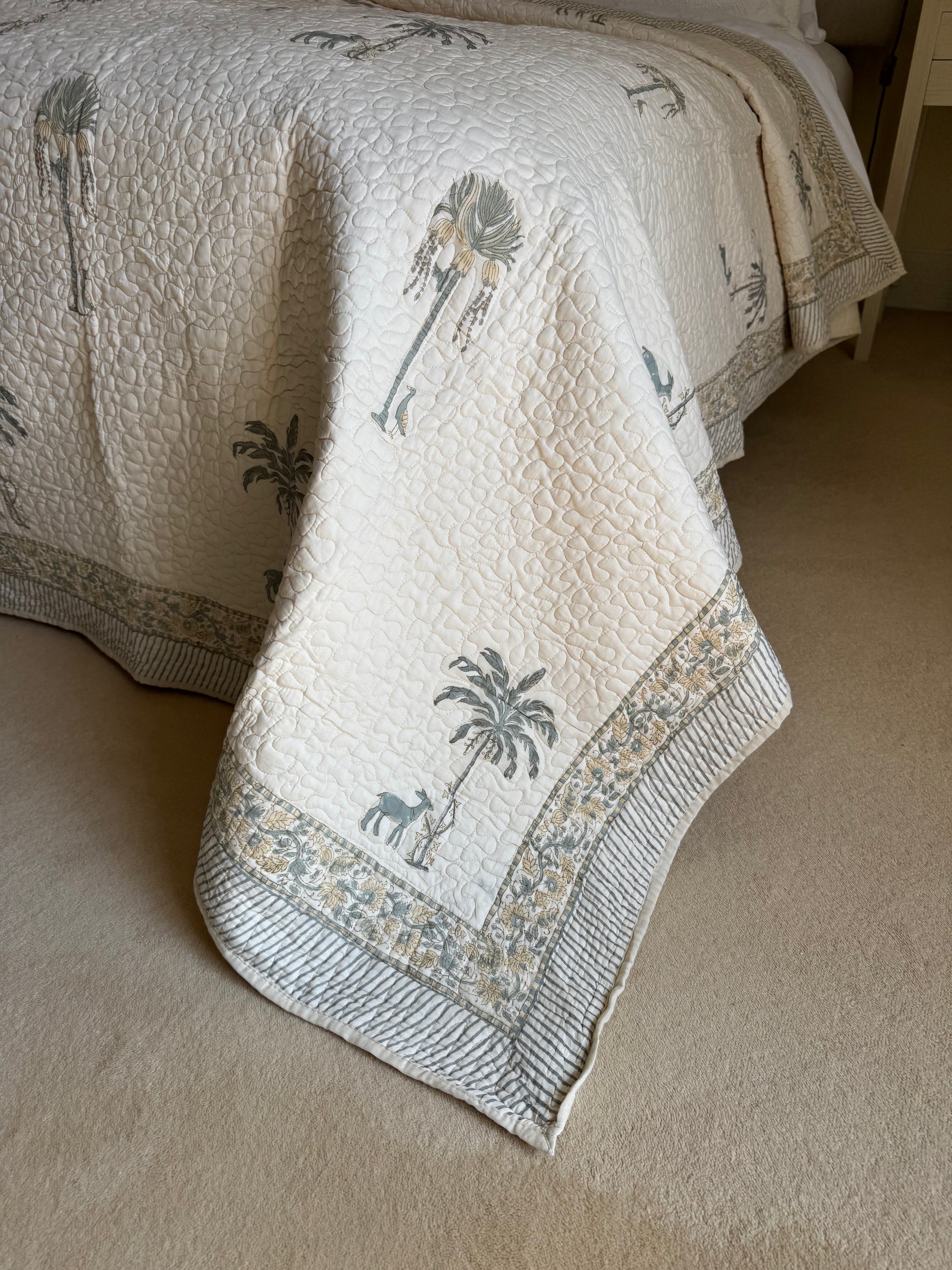 Hand block-printed king size bedspread in antiqued goat & shrub print, 100% cotton