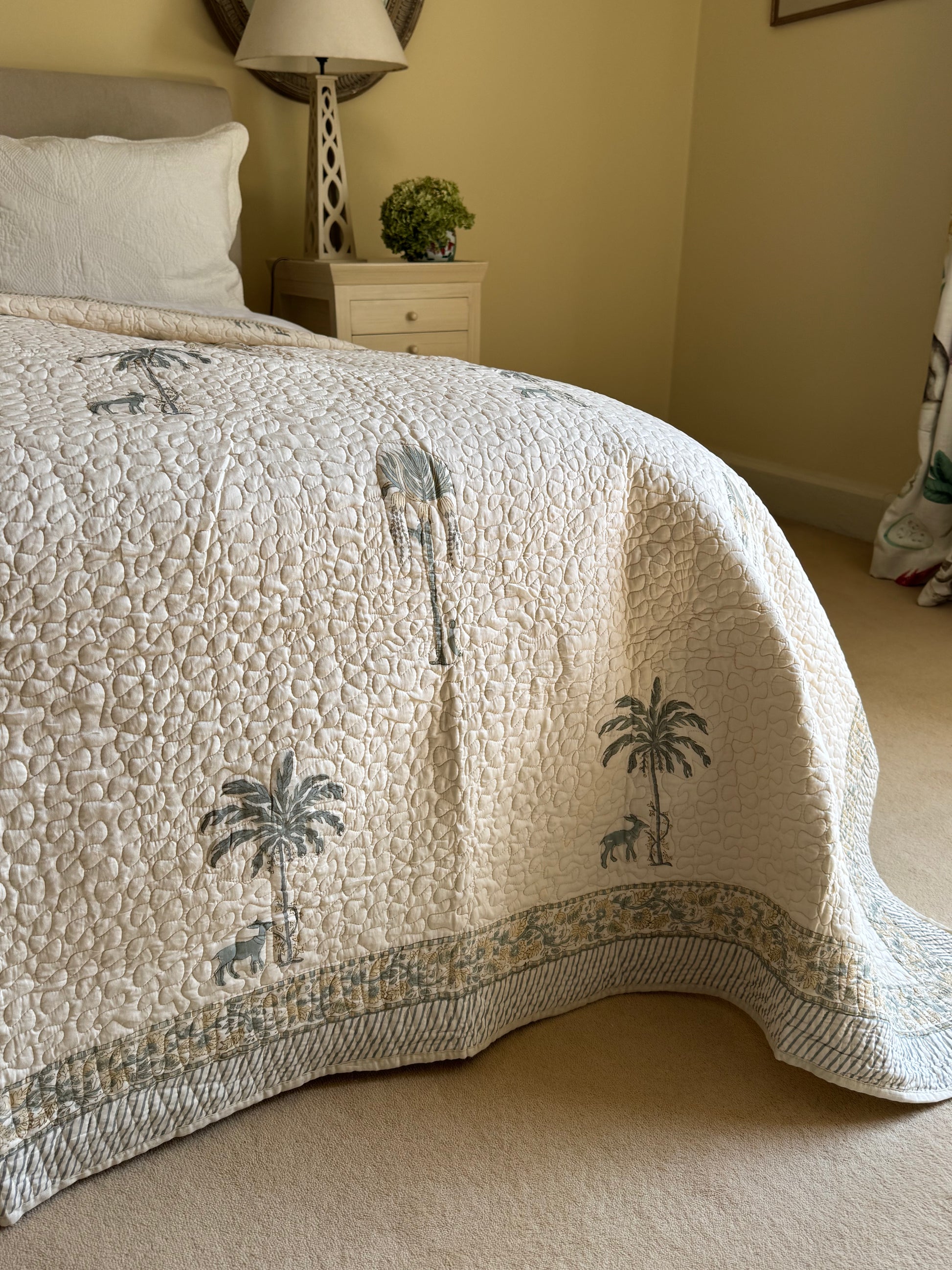 Hand block-printed king size bedspread in antiqued goat & shrub print, 100% cotton