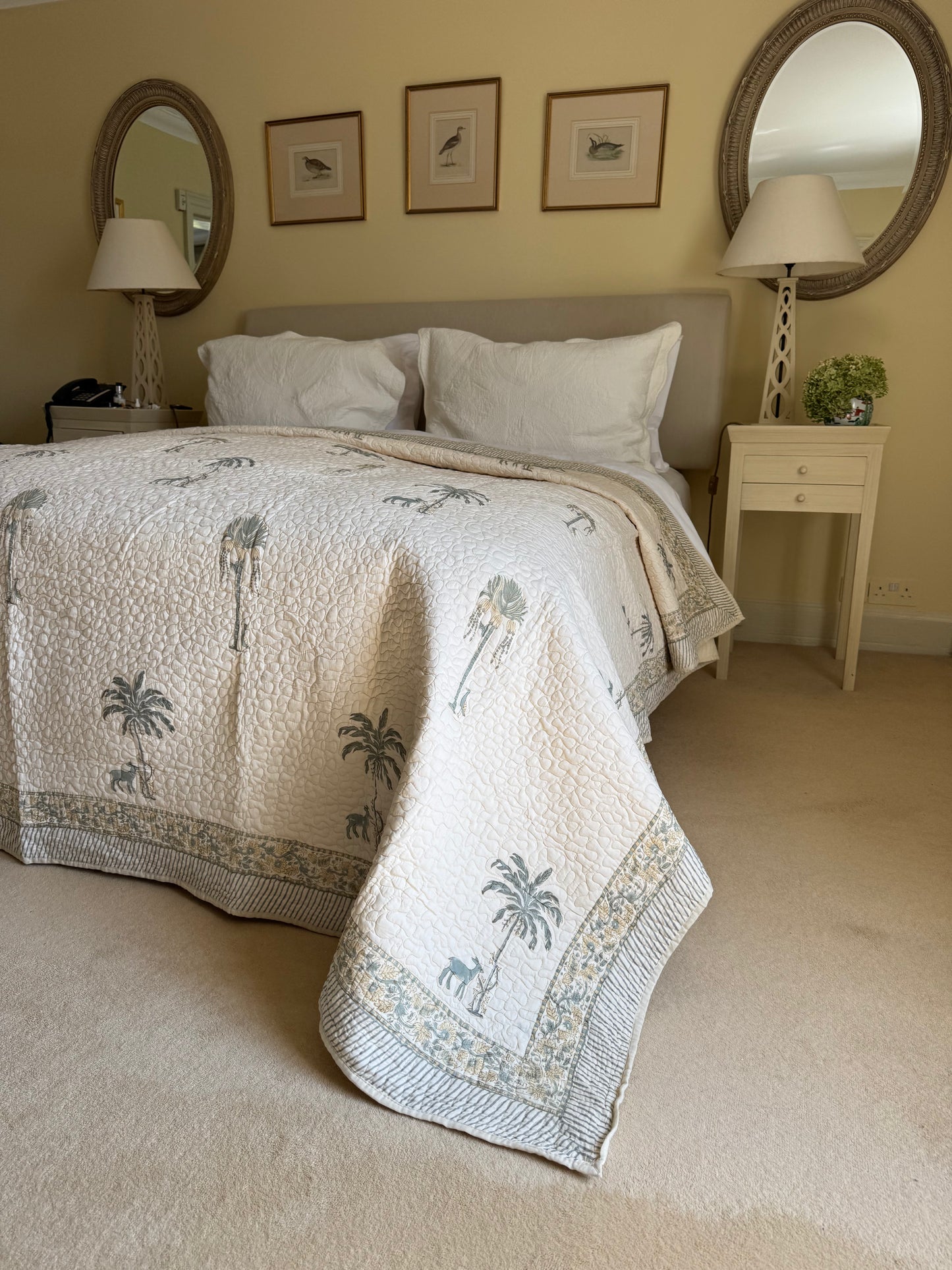 Hand block-printed king size bedspread in antiqued goat & shrub print, 100% cotton