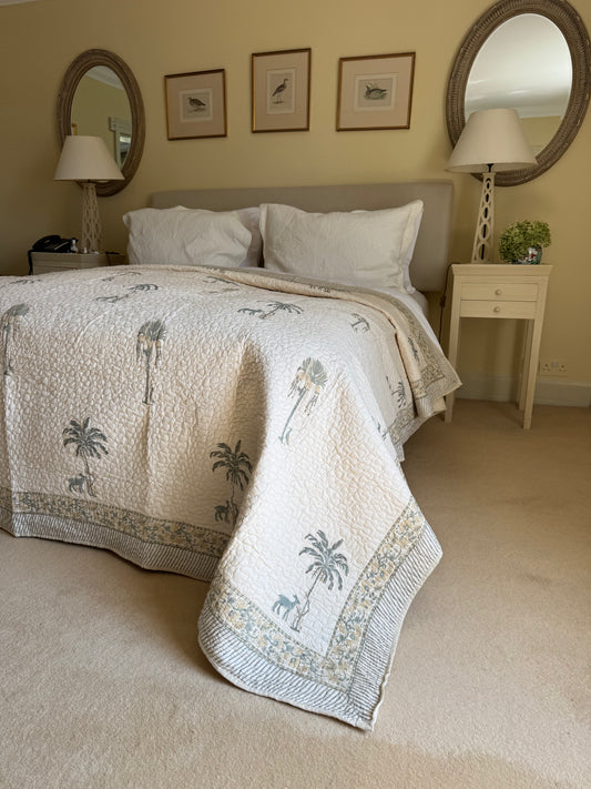 Hand block-printed king size bedspread in antiqued goat & shrub print, 100% cotton