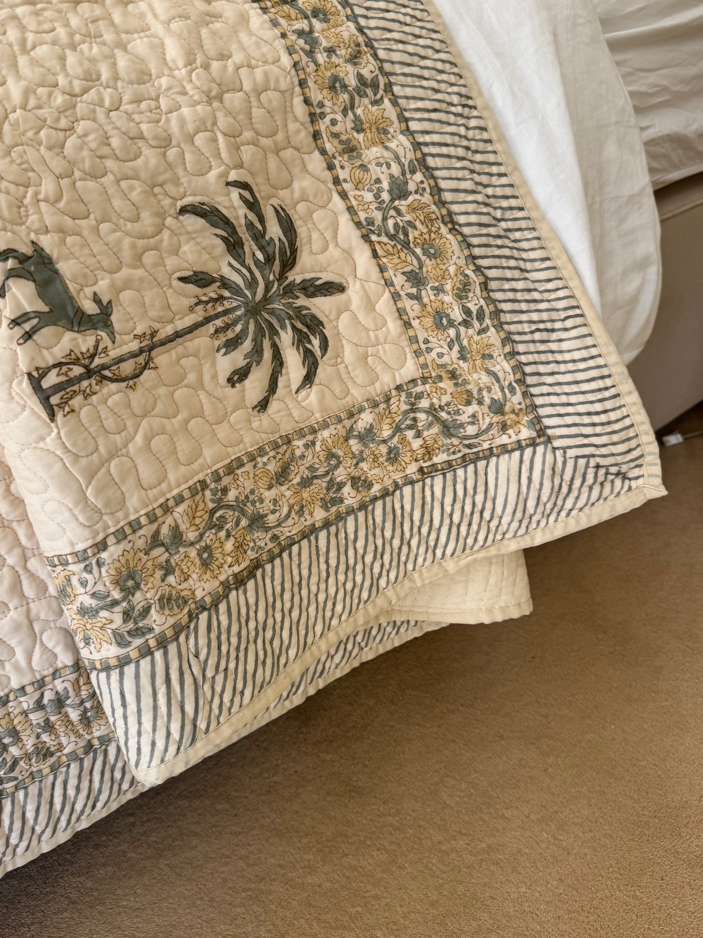 Hand block-printed king size bedspread in antiqued goat & shrub print, 100% cotton