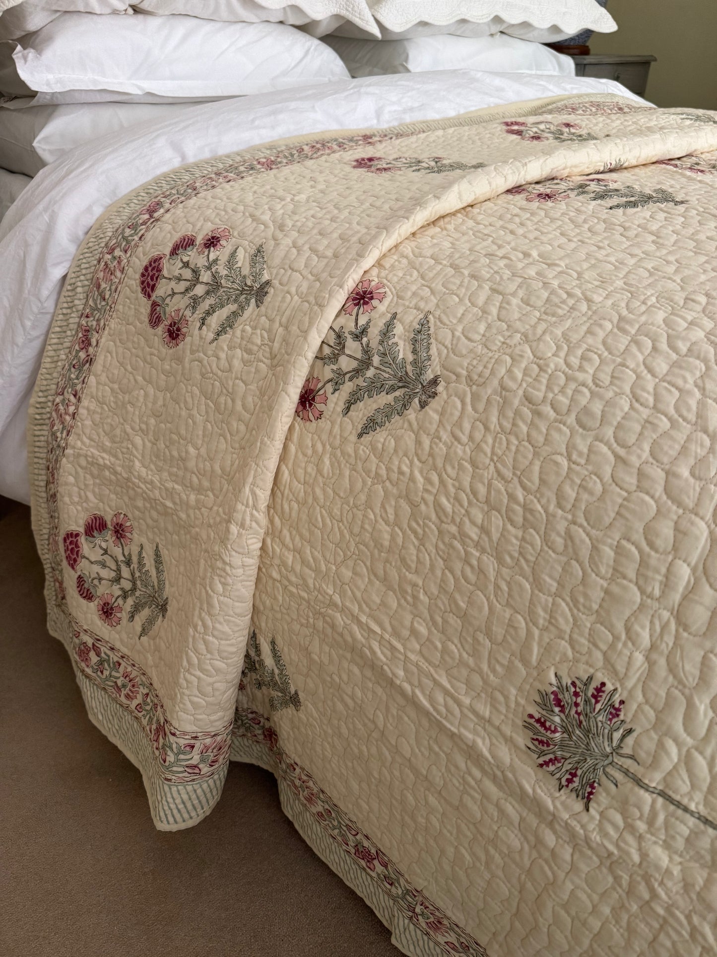 Hand block-printed king size bedspread in antiqued pink foliage print, 100% cotton
