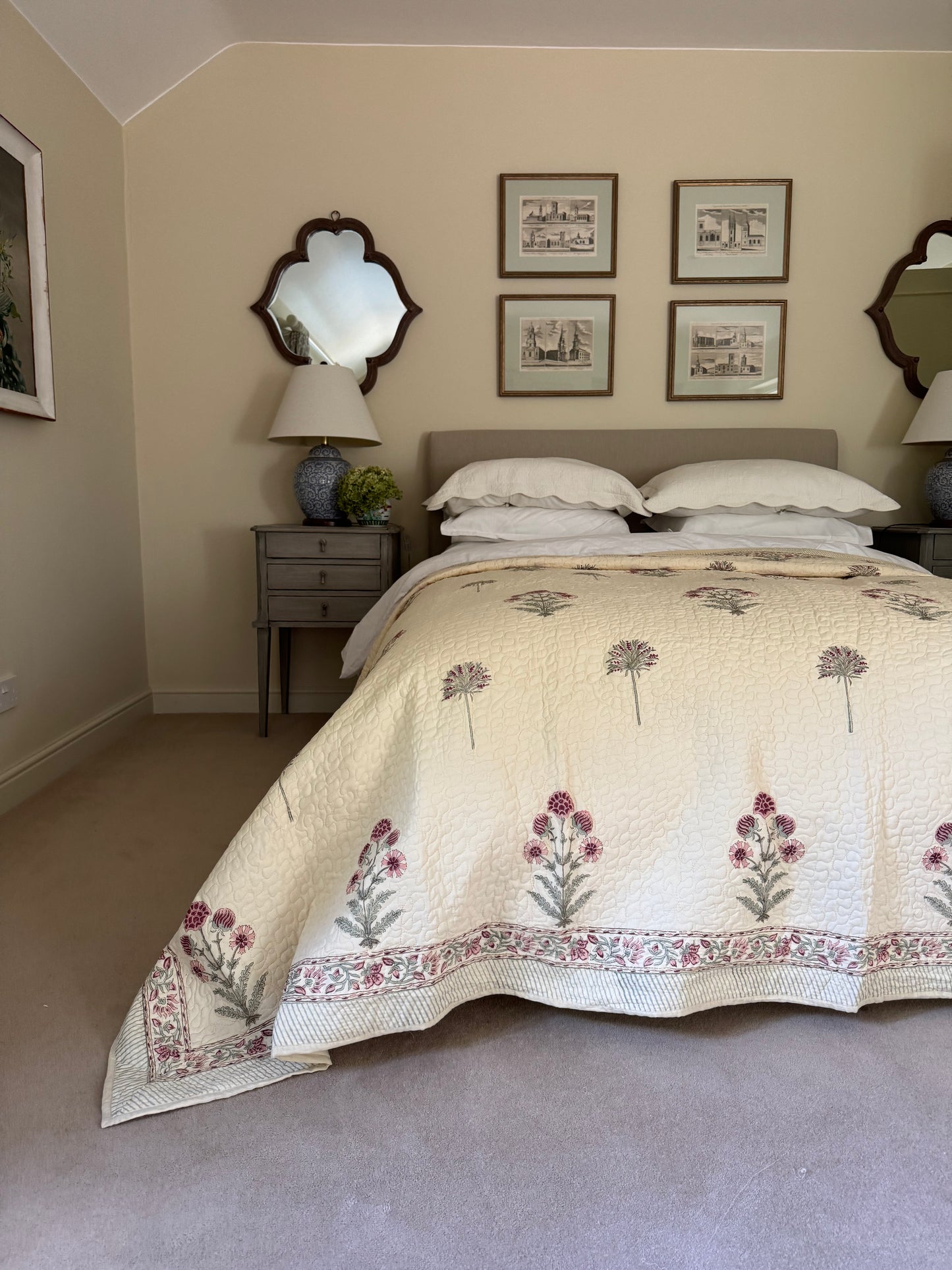 Hand block-printed king size bedspread in antiqued pink foliage print, 100% cotton