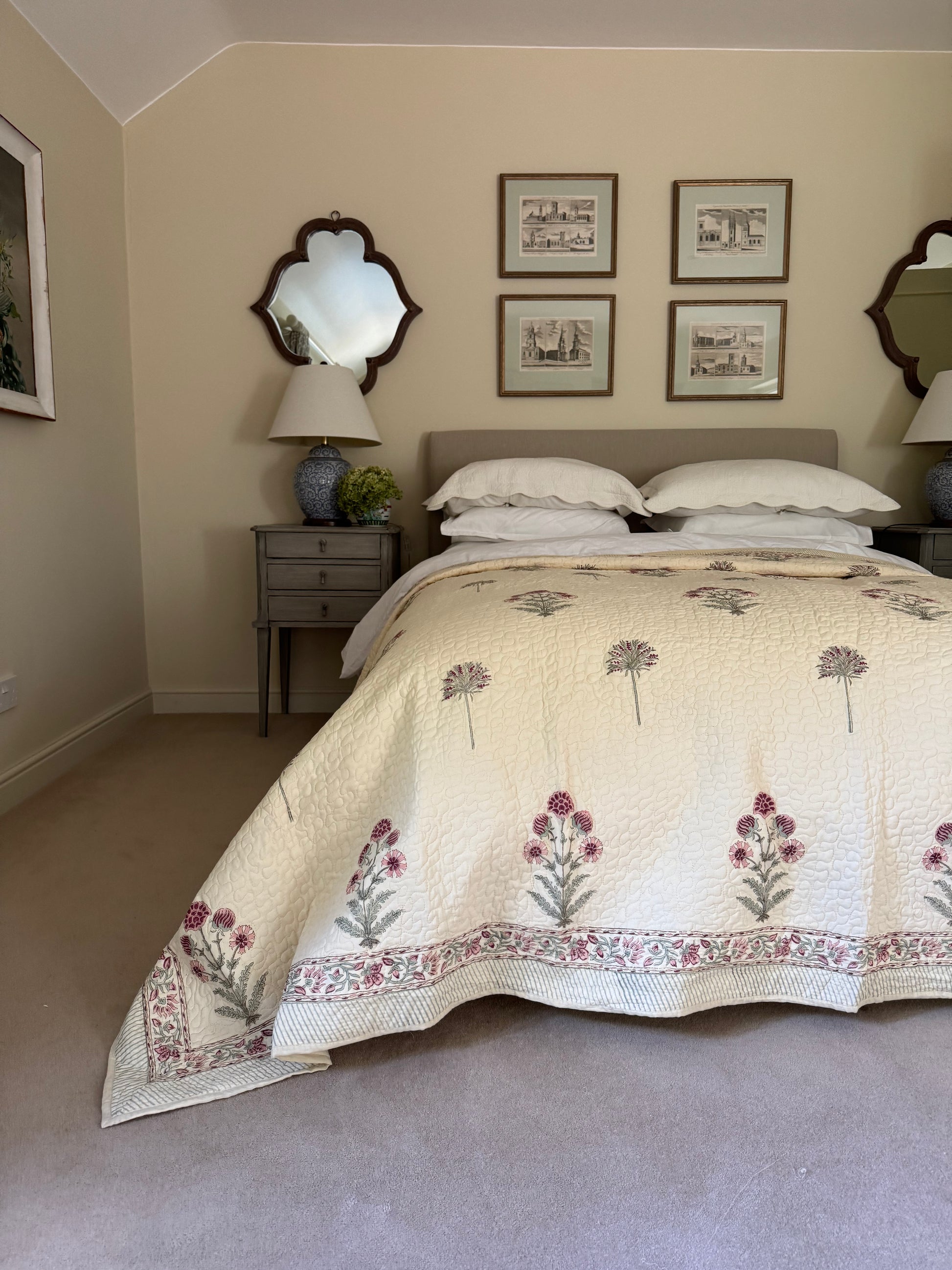 Hand block-printed king size bedspread in antiqued pink foliage print, 100% cotton