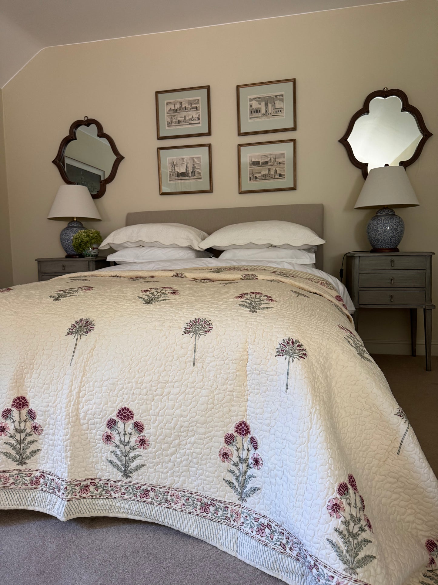 Hand block-printed king size bedspread in antiqued pink foliage print, 100% cotton