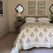 Hand block-printed king size bedspread in antiqued pink shrub print, 100% cotton
