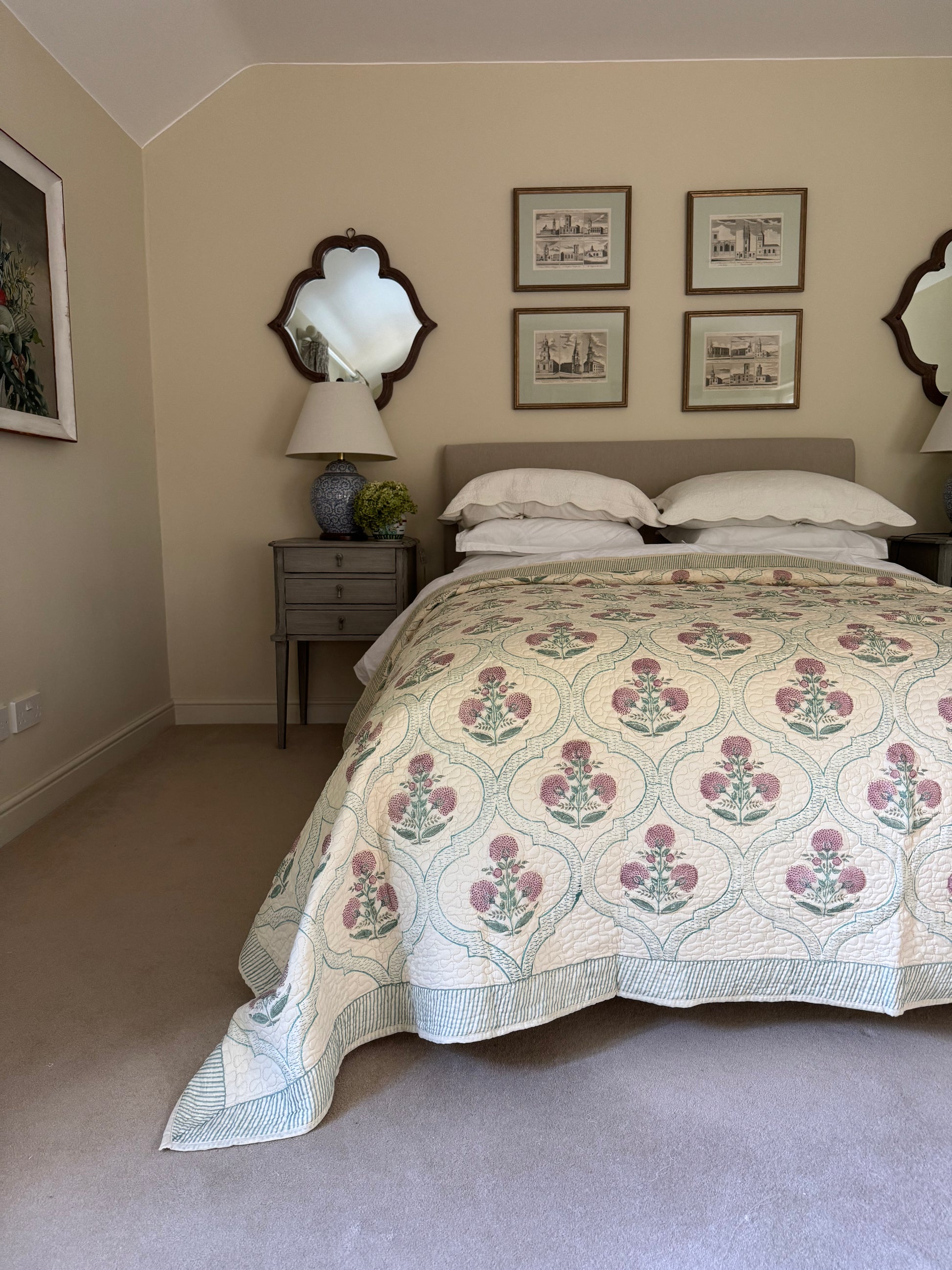 Hand block-printed king size bedspread in antiqued pink shrub print, 100% cotton