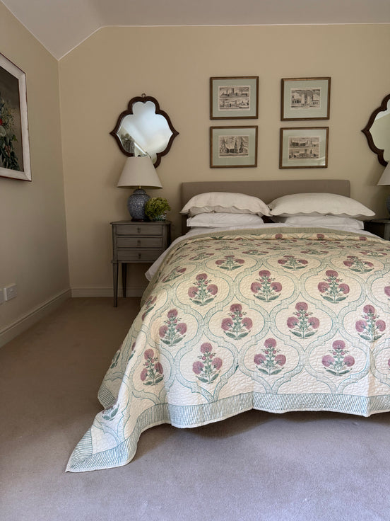 Hand block-printed king size bedspread in antiqued pink shrub print, 100% cotton