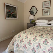 Hand block-printed king size bedspread in antiqued pink shrub print, 100% cotton