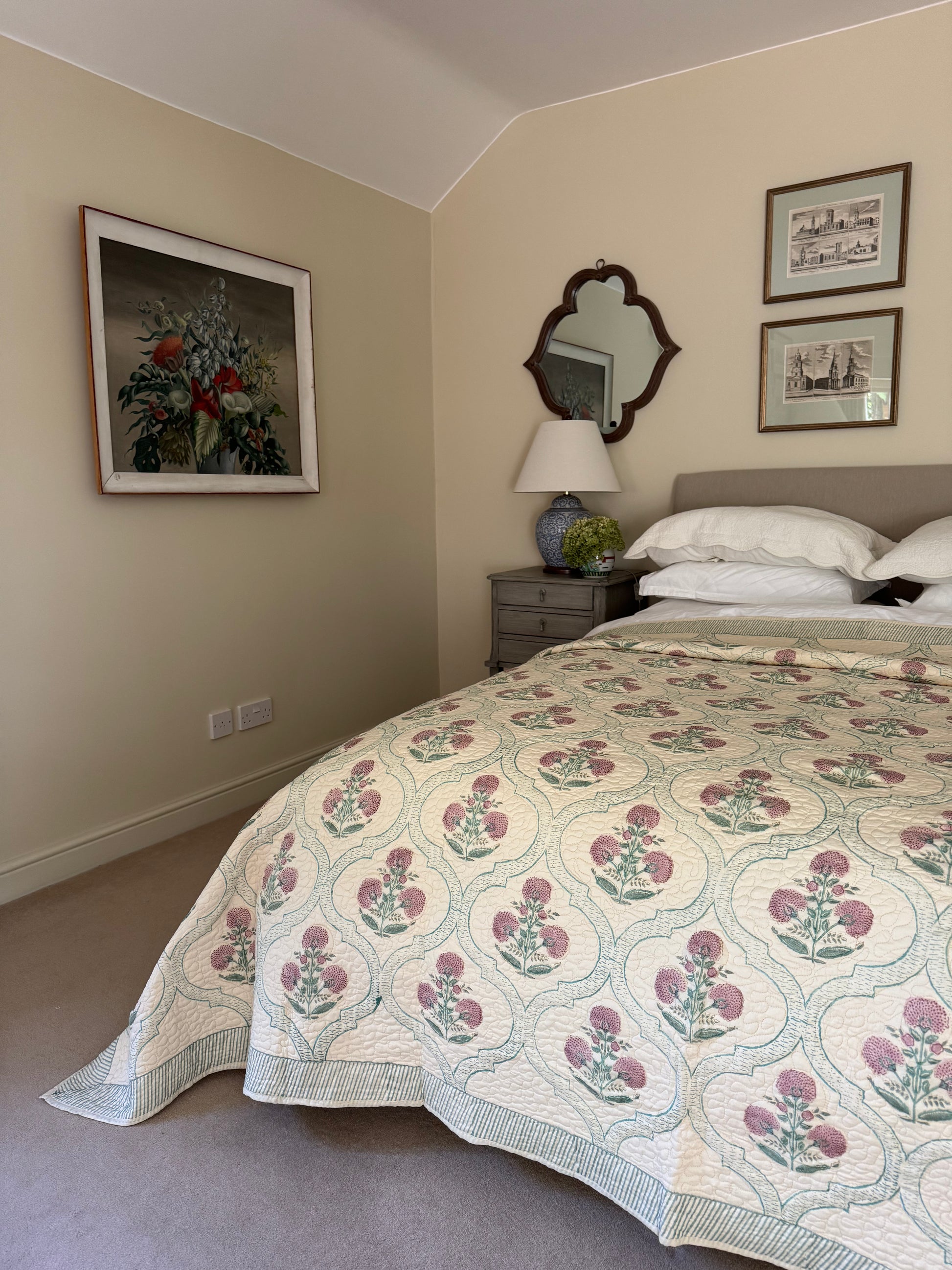 Hand block-printed king size bedspread in antiqued pink shrub print, 100% cotton