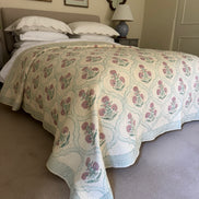 Hand block-printed king size bedspread in antiqued pink shrub print, 100% cotton