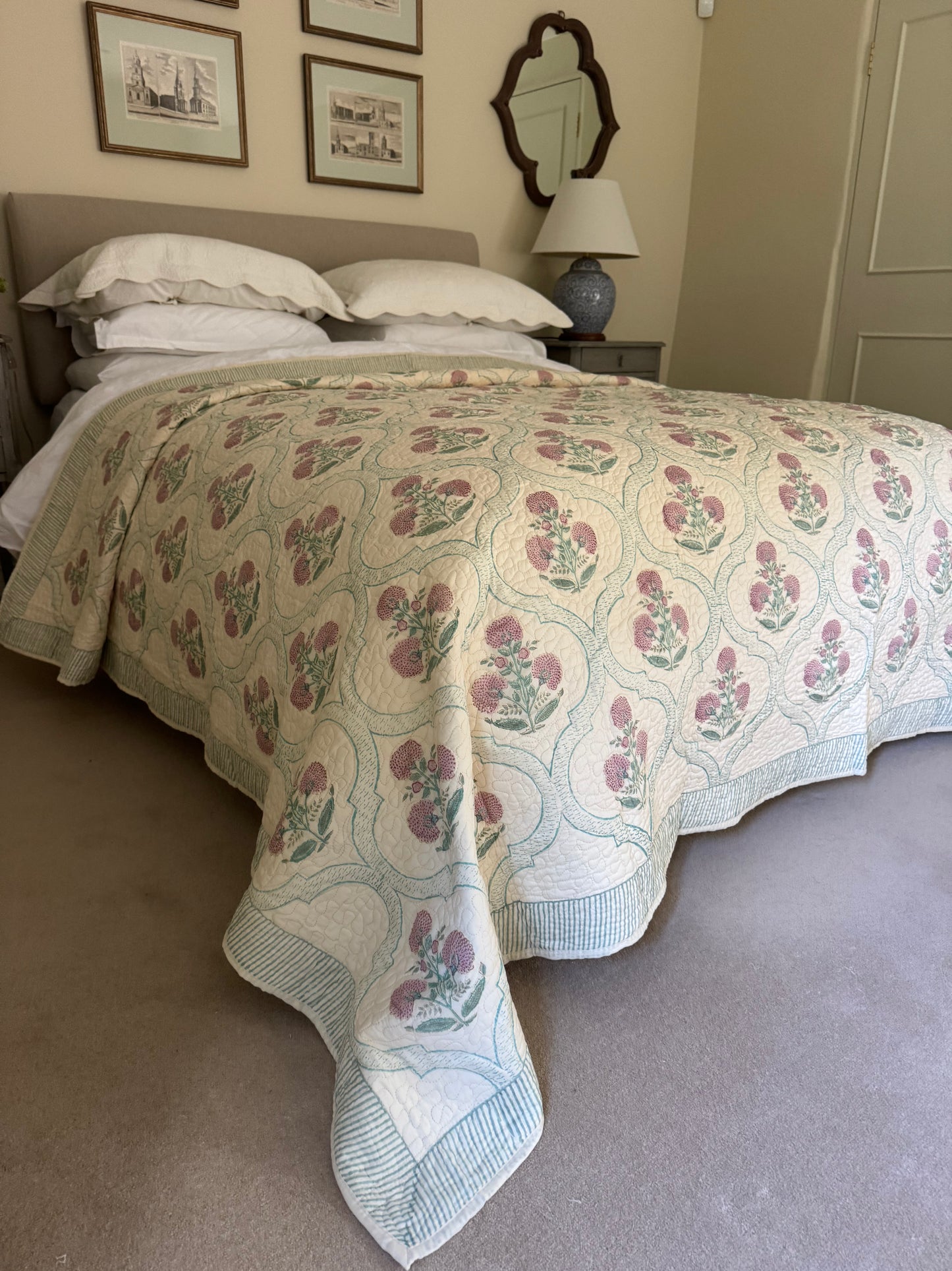 Hand block-printed king size bedspread in antiqued pink shrub print, 100% cotton