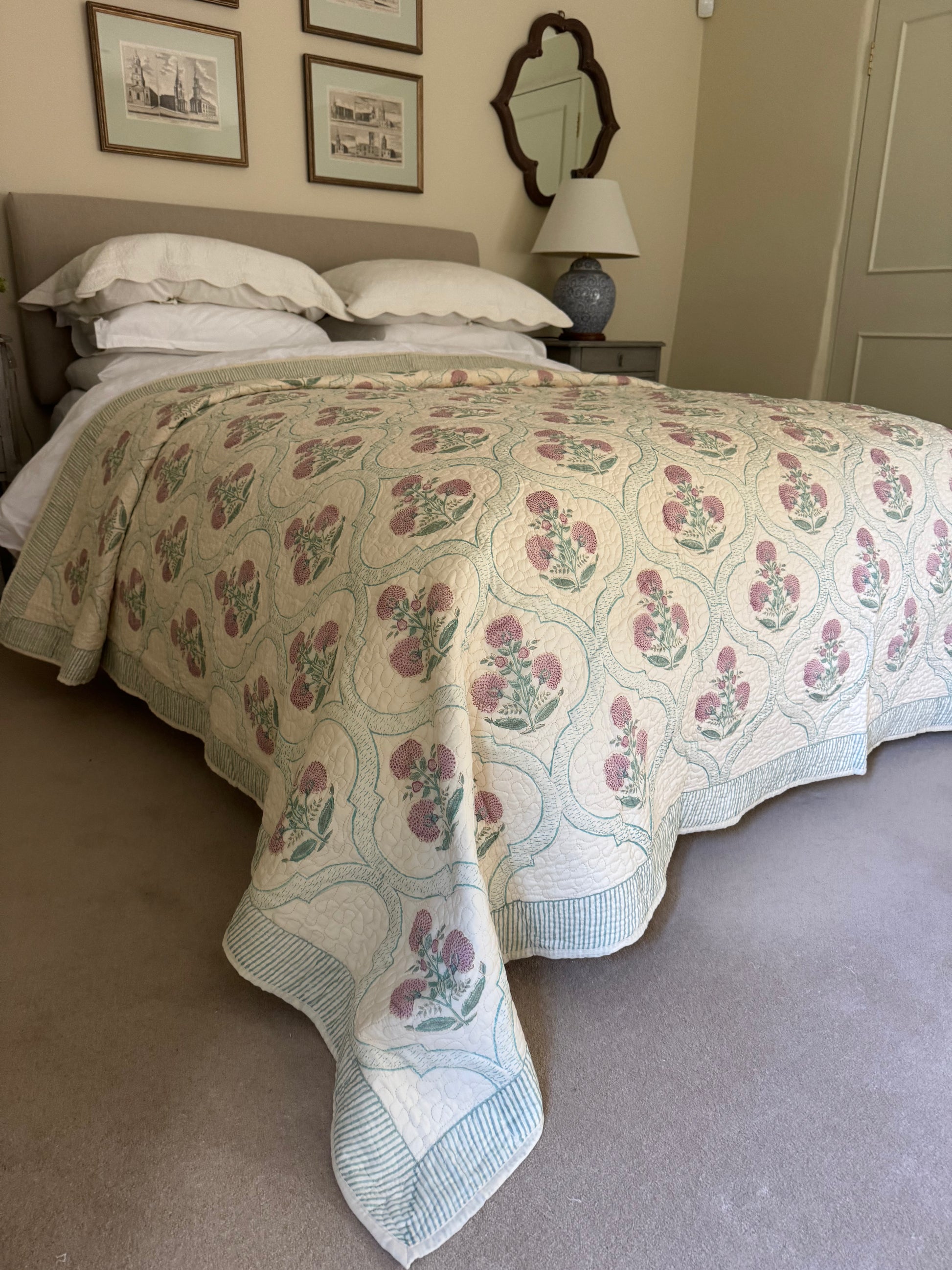 Hand block-printed king size bedspread in antiqued pink shrub print, 100% cotton