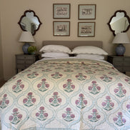 Hand block-printed king size bedspread in antiqued pink shrub print, 100% cotton
