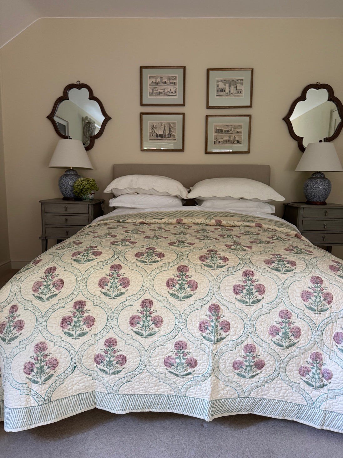 Hand block-printed king size bedspread in antiqued pink shrub print, 100% cotton