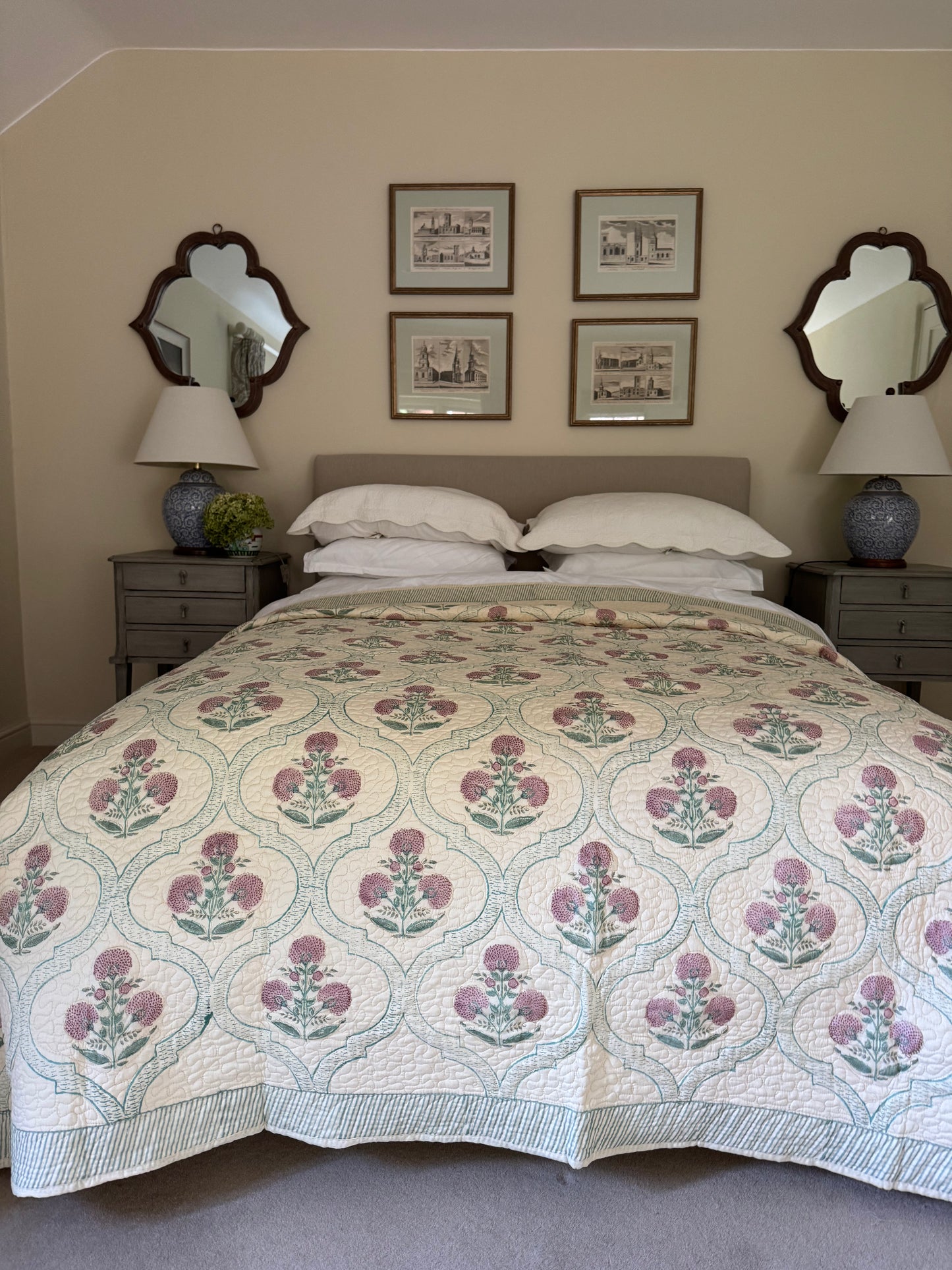 Hand block-printed king size bedspread in antiqued pink shrub print, 100% cotton