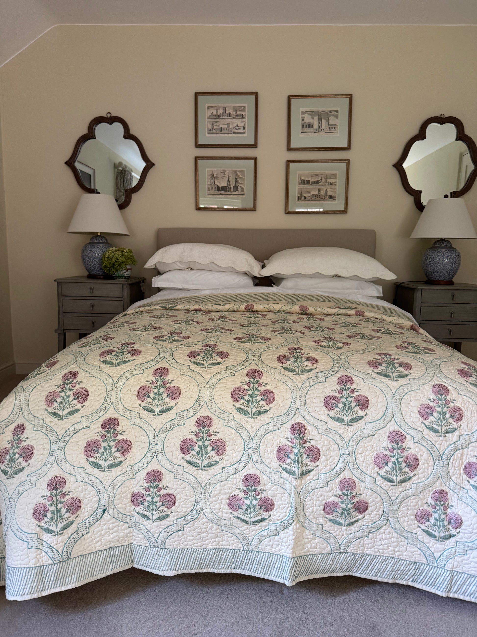 Hand block-printed king size bedspread in antiqued pink shrub print, 100% cotton