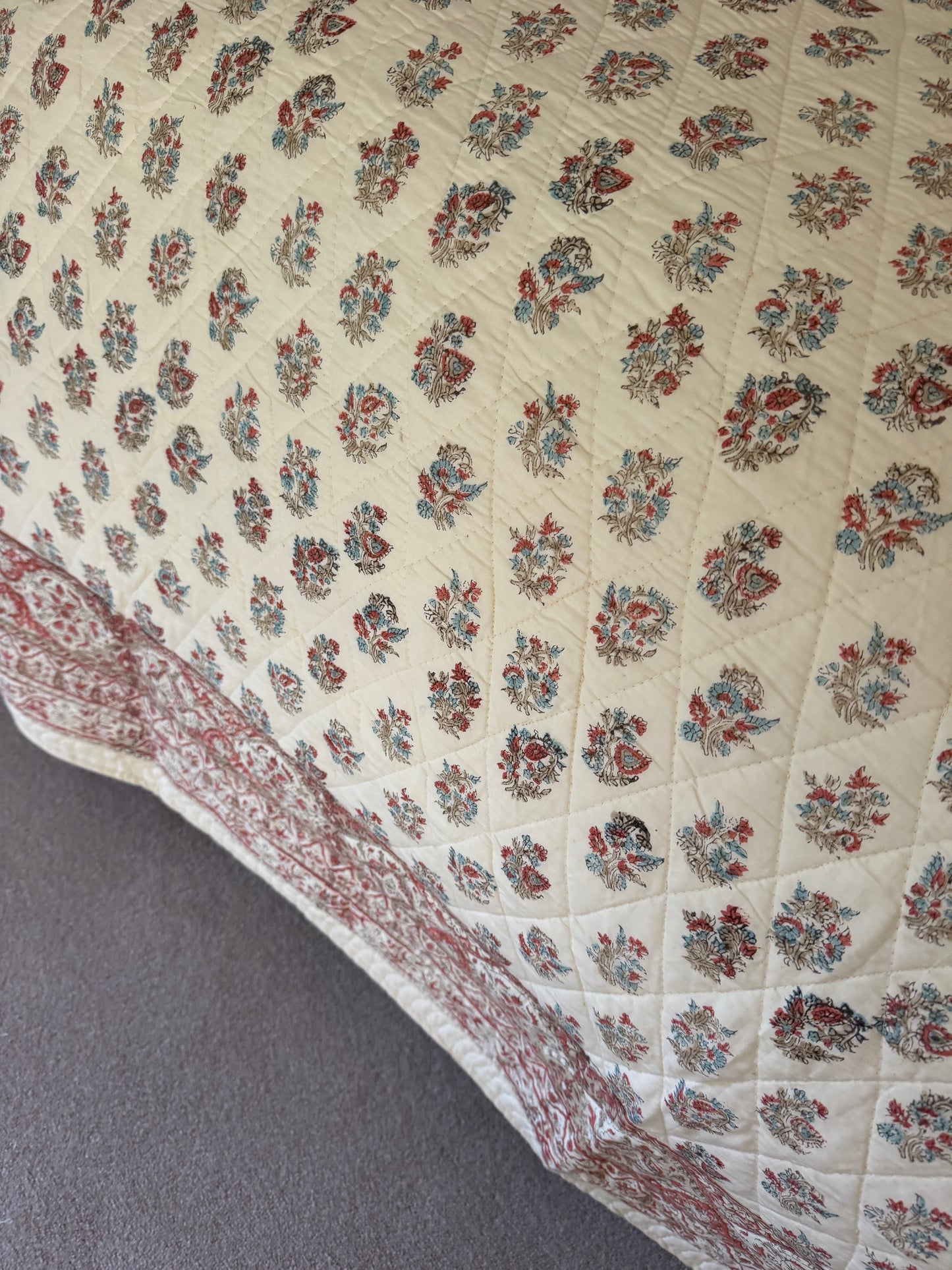 Hand block-printed king size bedspread in antiqued Provençal blue & red shrub print, 100% cotton