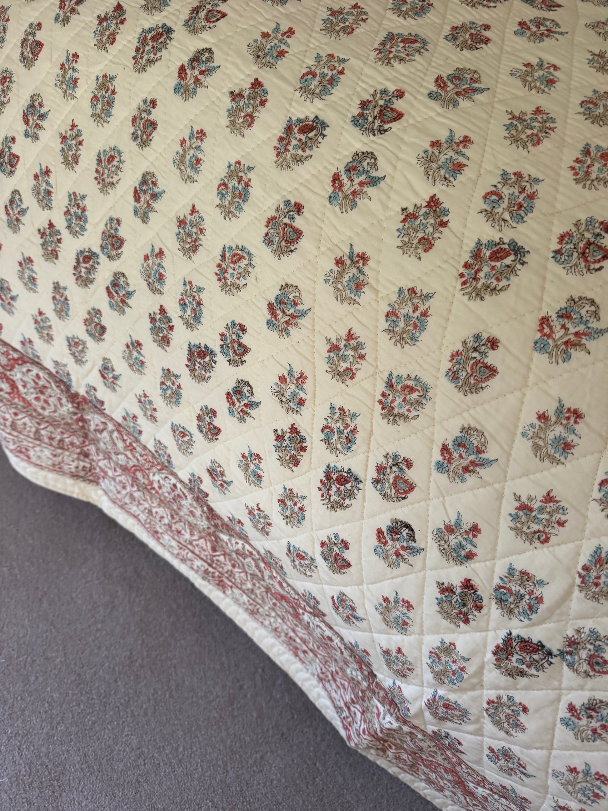 Hand block-printed king size bedspread in antiqued Provençal blue & red shrub print, 100% cotton