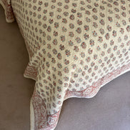 Hand block-printed king size bedspread in antiqued Provençal blue & red shrub print, 100% cotton