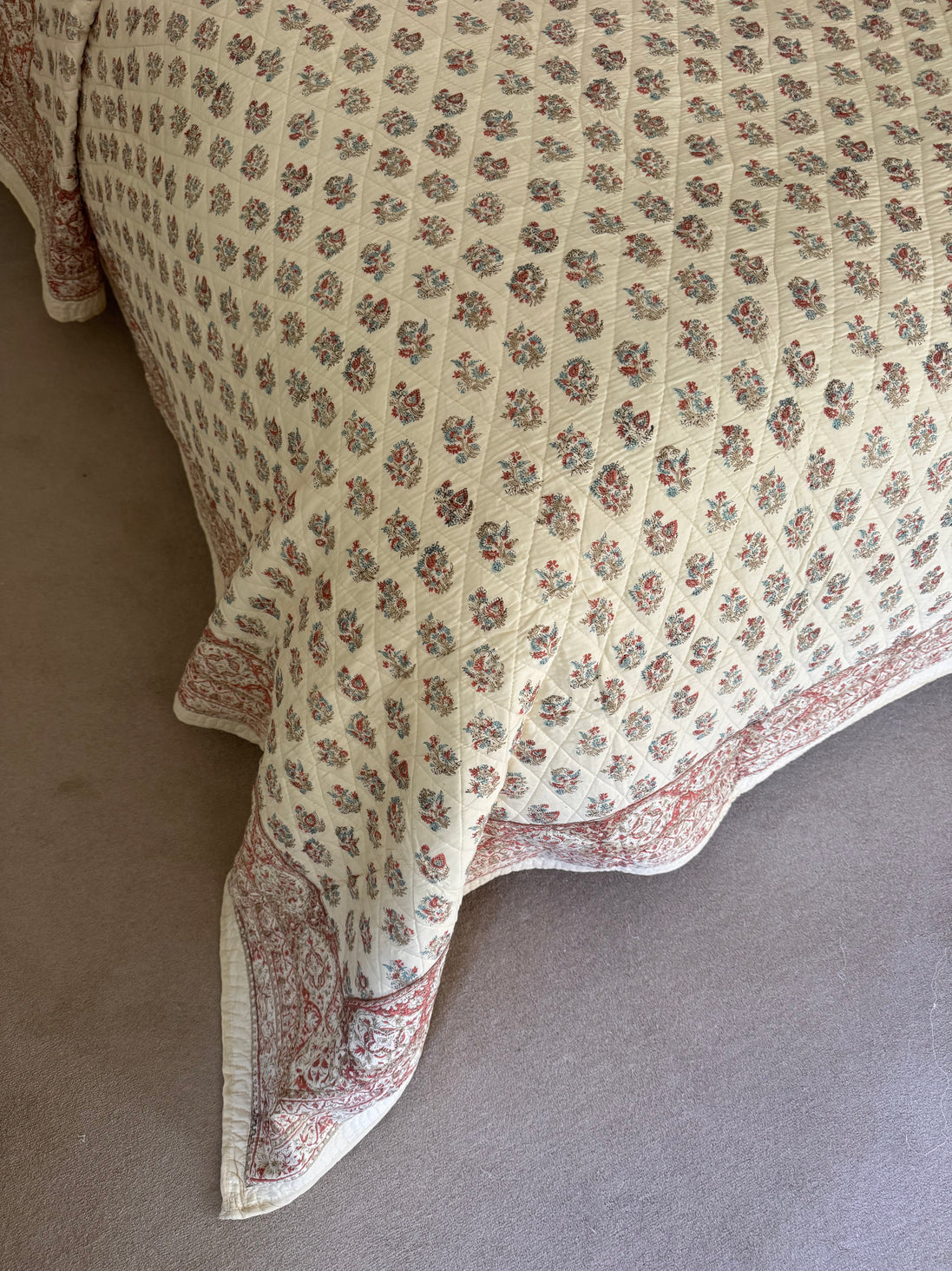 Hand block-printed king size bedspread in antiqued Provençal blue & red shrub print, 100% cotton
