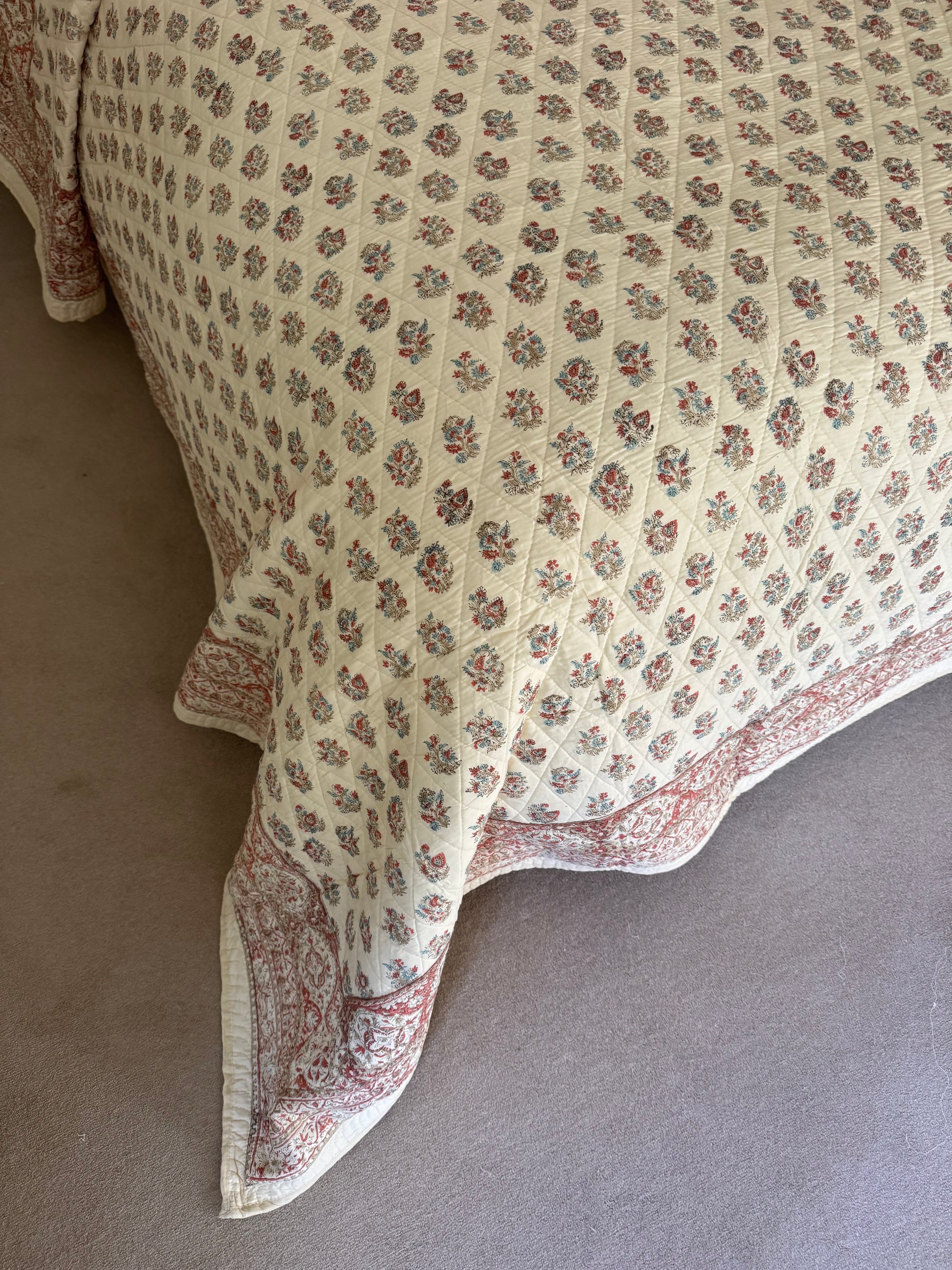 Hand block-printed king size bedspread in antiqued Provençal blue & red shrub print, 100% cotton
