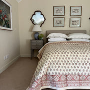 Hand block-printed king size bedspread in antiqued Provençal blue & red shrub print, 100% cotton