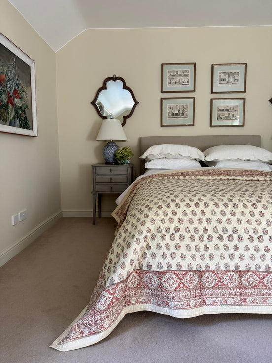 Hand block-printed king size bedspread in antiqued Provençal blue & red shrub print, 100% cotton