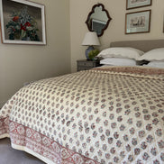 Hand block-printed king size bedspread in antiqued Provençal blue & red shrub print, 100% cotton