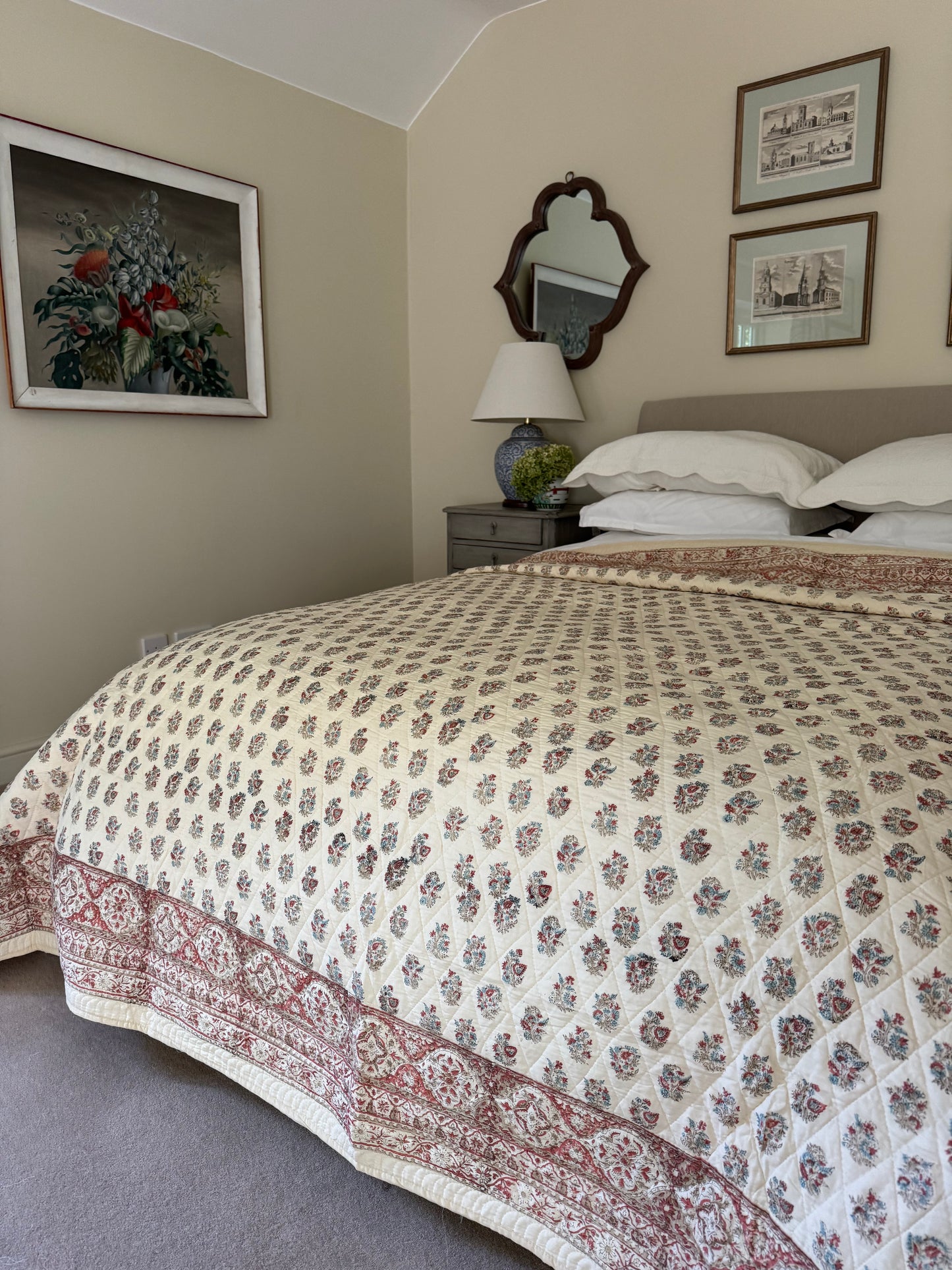 Hand block-printed king size bedspread in antiqued Provençal blue & red shrub print, 100% cotton