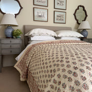 Hand block-printed king size bedspread in antiqued Provençal blue & red shrub print, 100% cotton