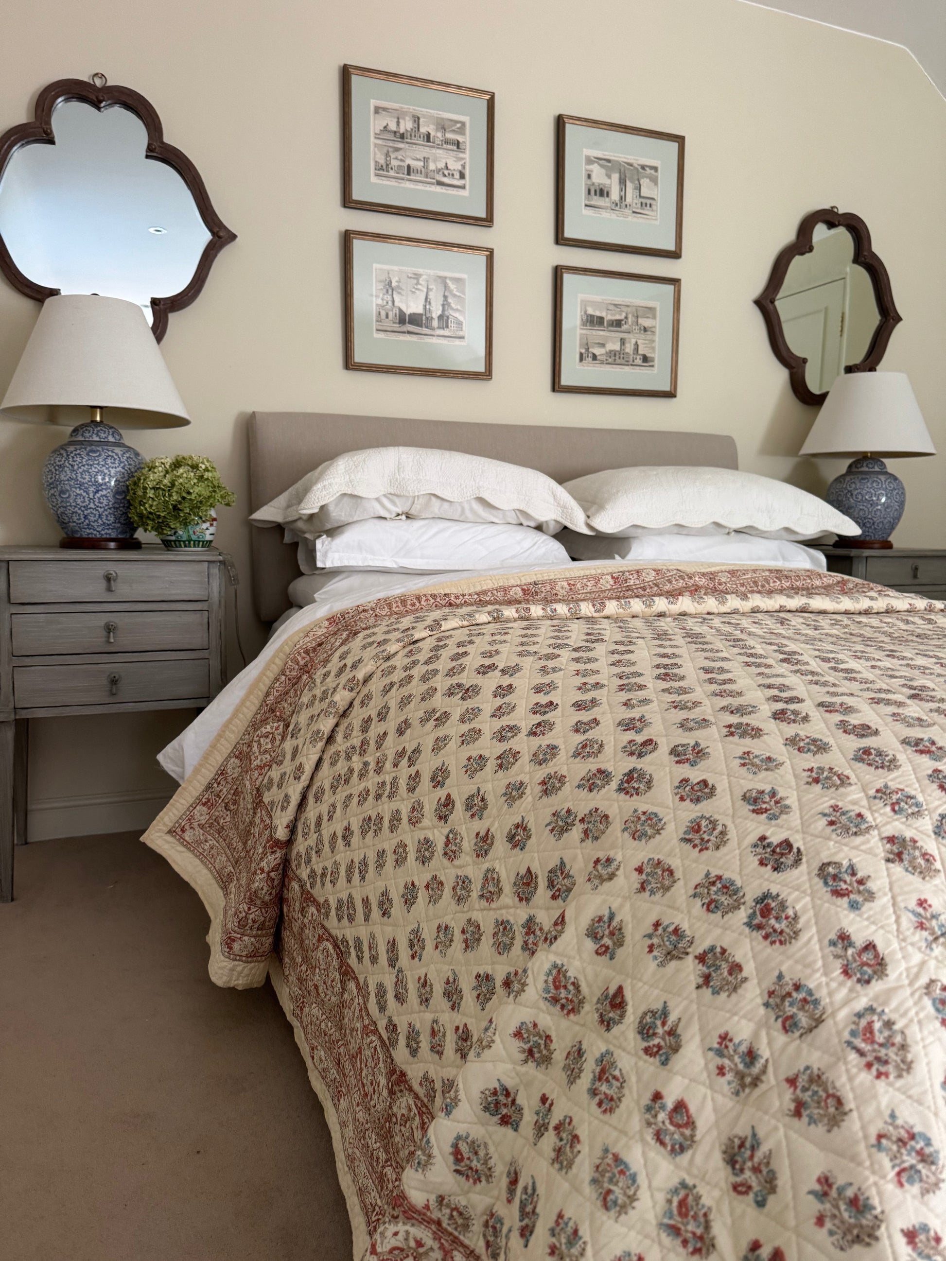 Hand block-printed king size bedspread in antiqued Provençal blue & red shrub print, 100% cotton