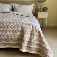 Hand block-printed king size bedspread in antiqued Provençal oval print, 100% cotton
