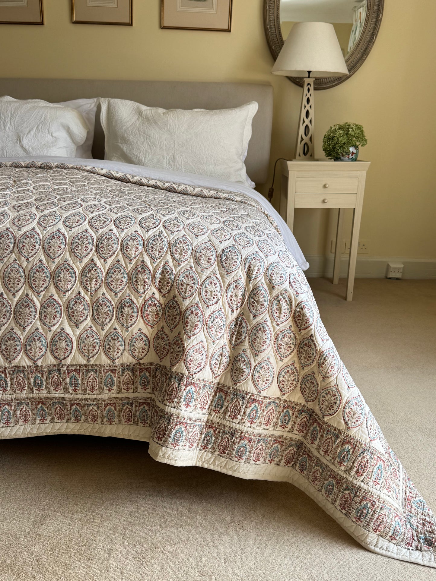 Hand block-printed king size bedspread in antiqued Provençal oval print, 100% cotton