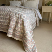 Hand block-printed king size bedspread in antiqued Provençal oval print, 100% cotton