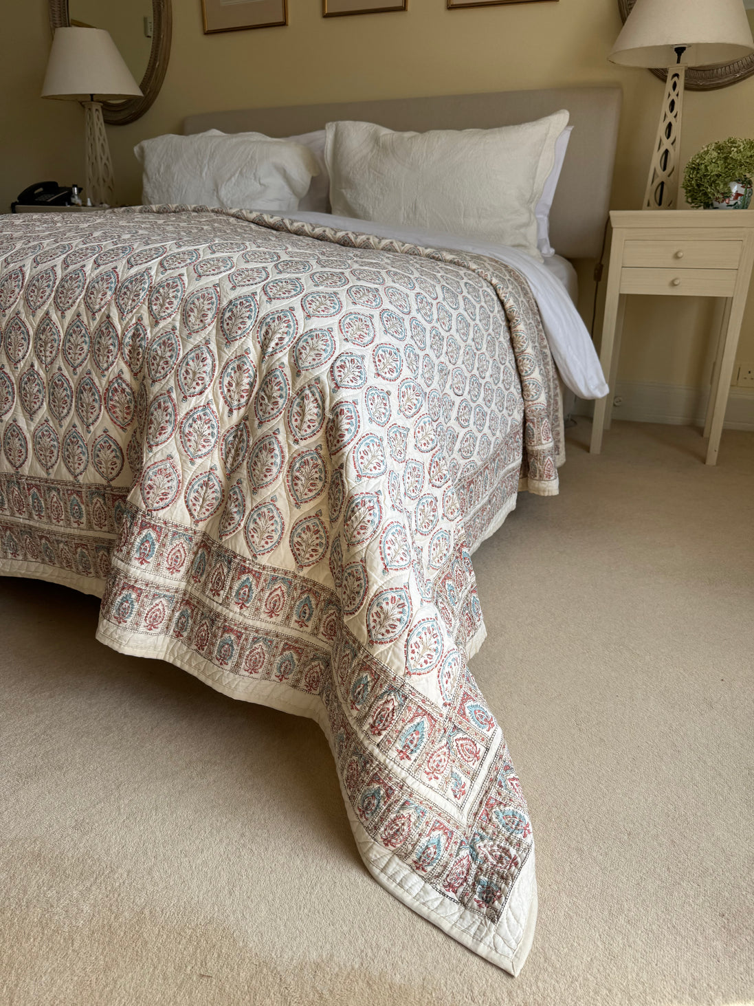 Hand block-printed king size bedspread in antiqued Provençal oval print, 100% cotton