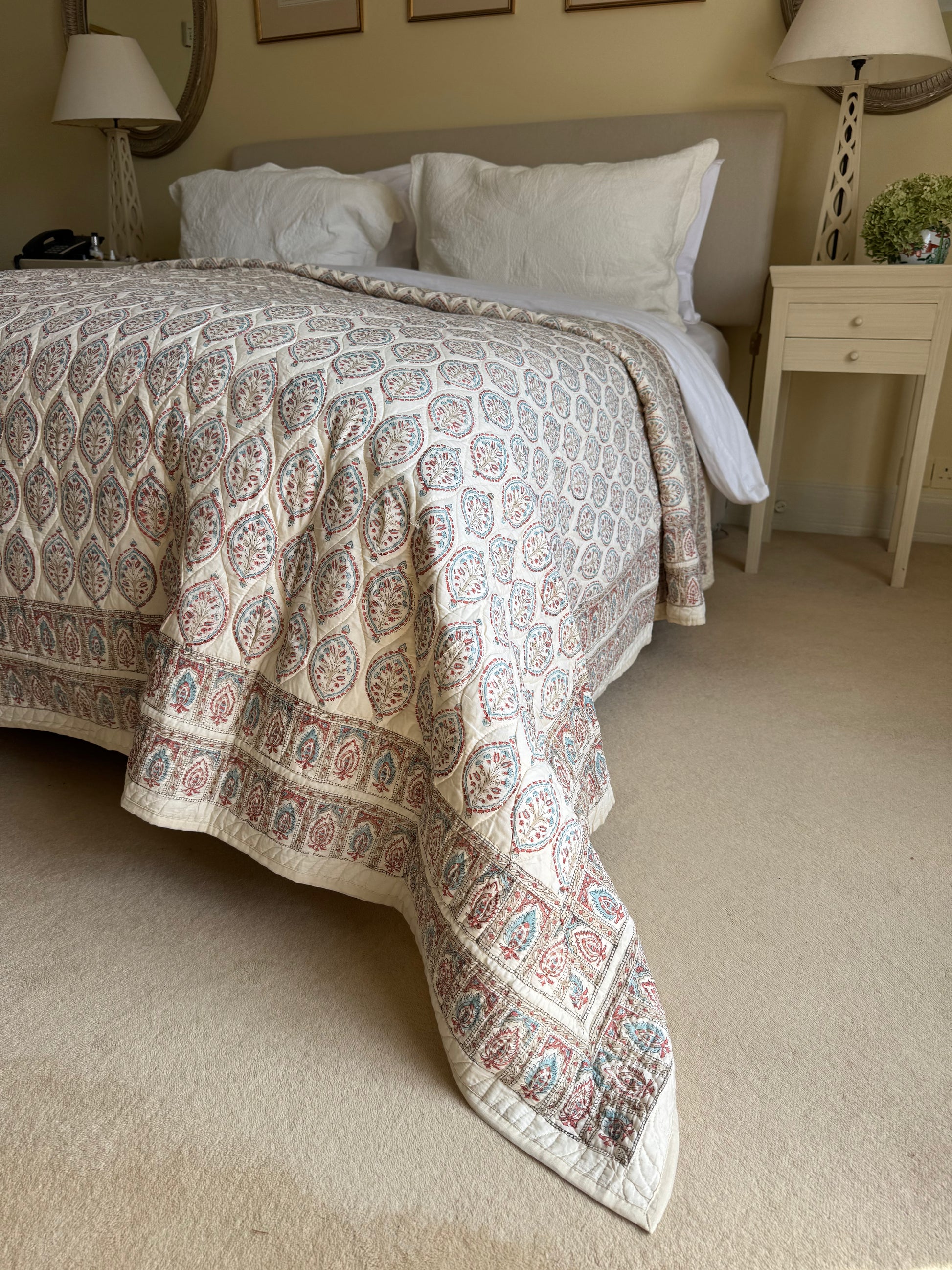 Hand block-printed king size bedspread in antiqued Provençal oval print, 100% cotton
