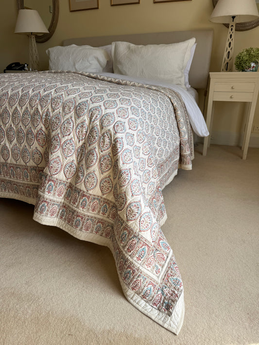 Hand block-printed king size bedspread in antiqued Provençal oval print, 100% cotton