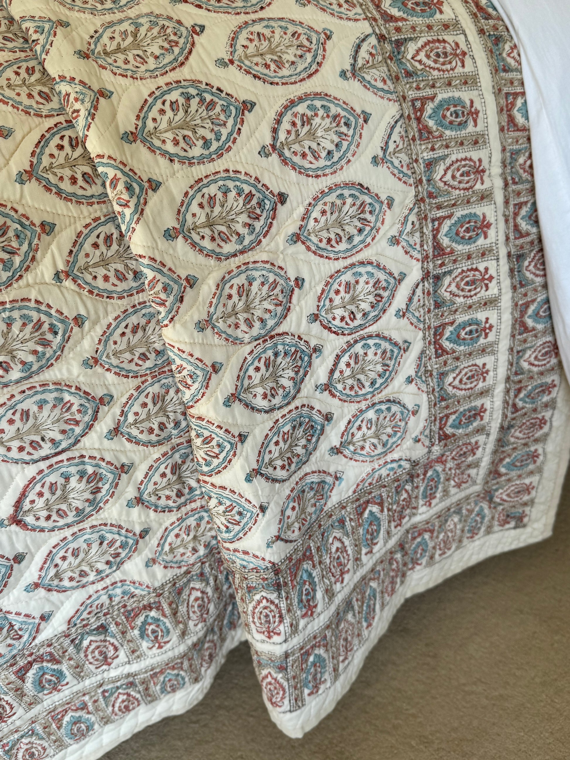 Hand block-printed king size bedspread in antiqued Provençal oval print, 100% cotton
