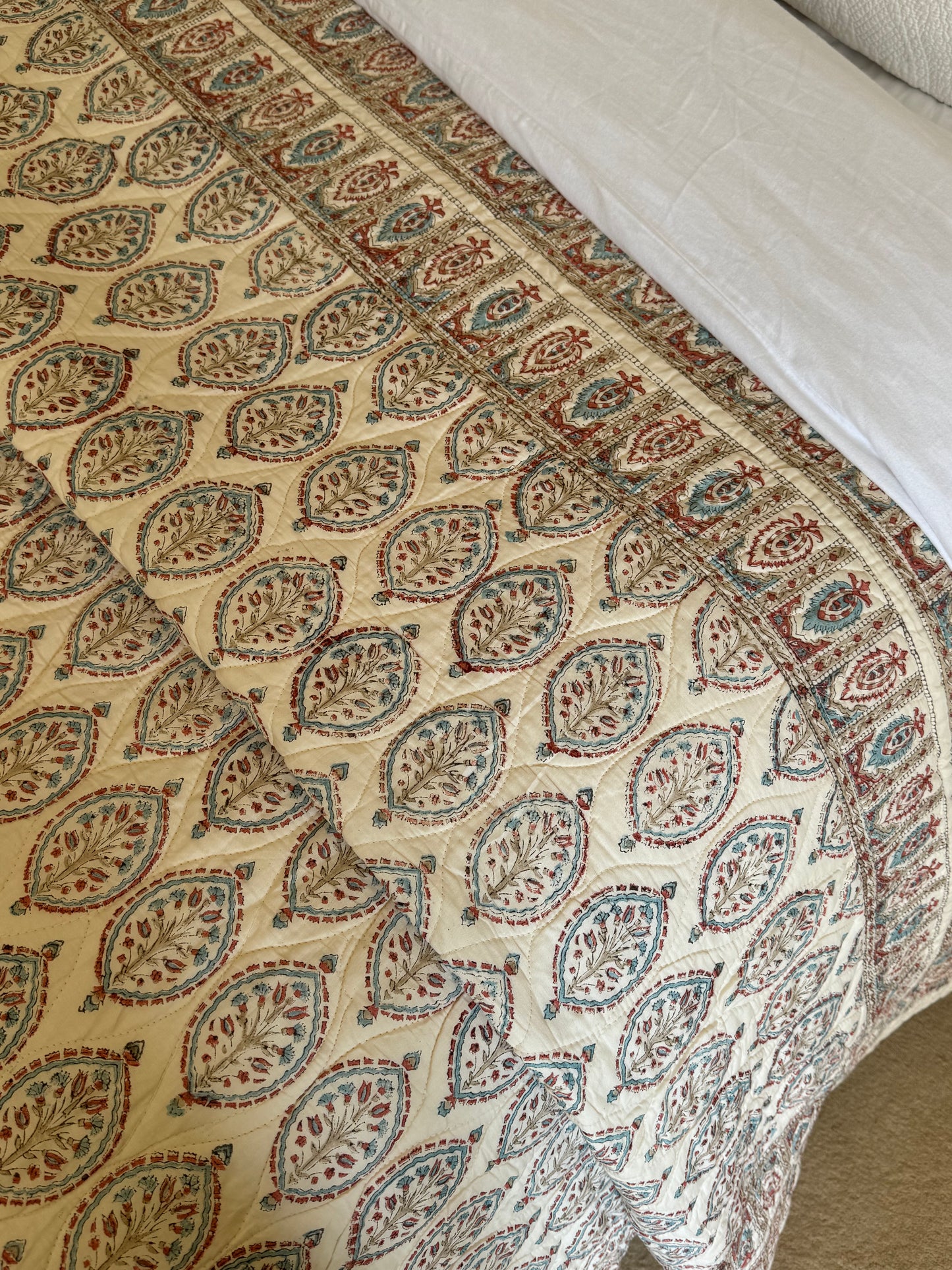 Hand block-printed king size bedspread in antiqued Provençal oval print, 100% cotton