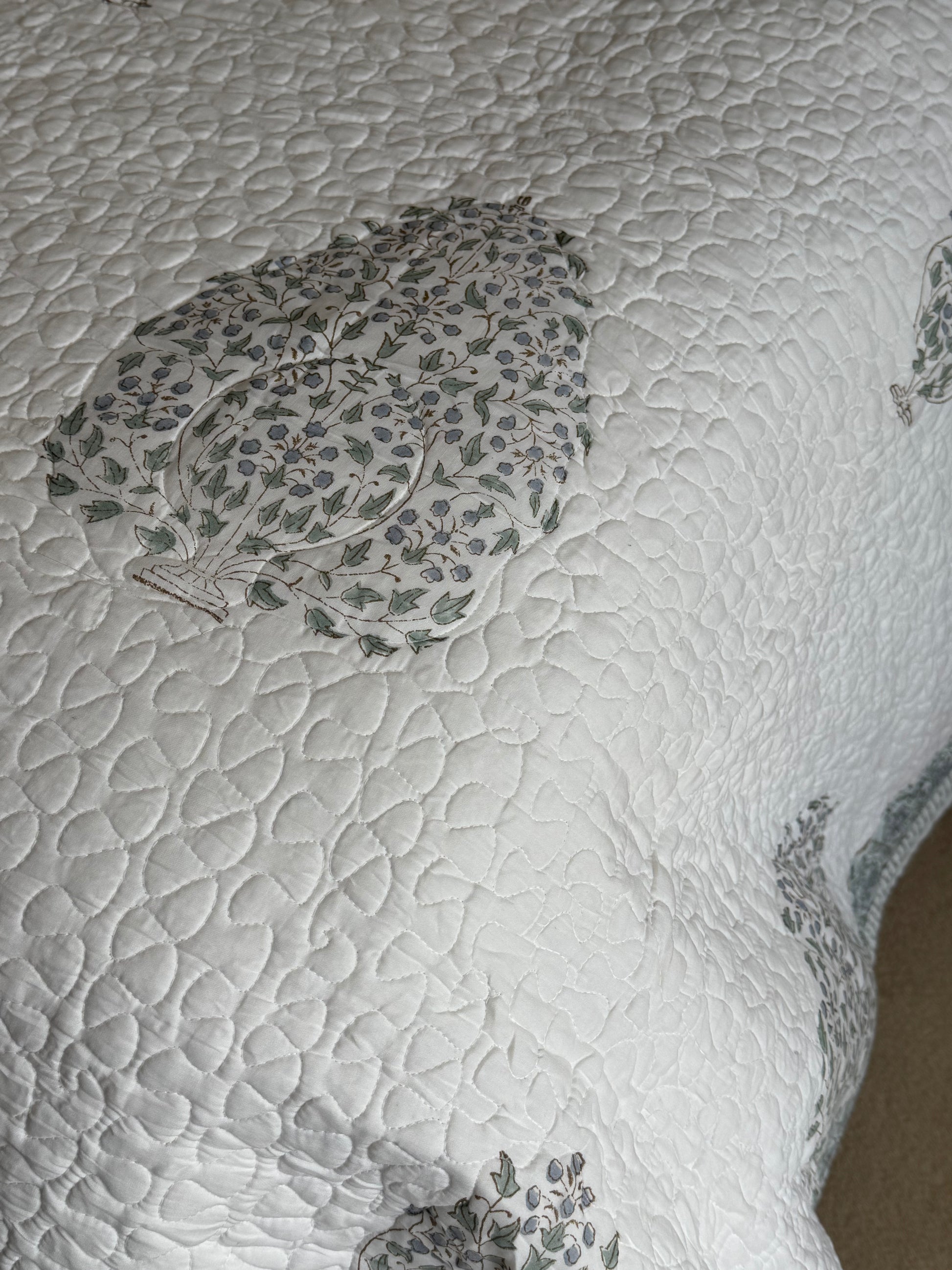 Hand block-printed king size bedspread in blue shrub print, 100% cotton