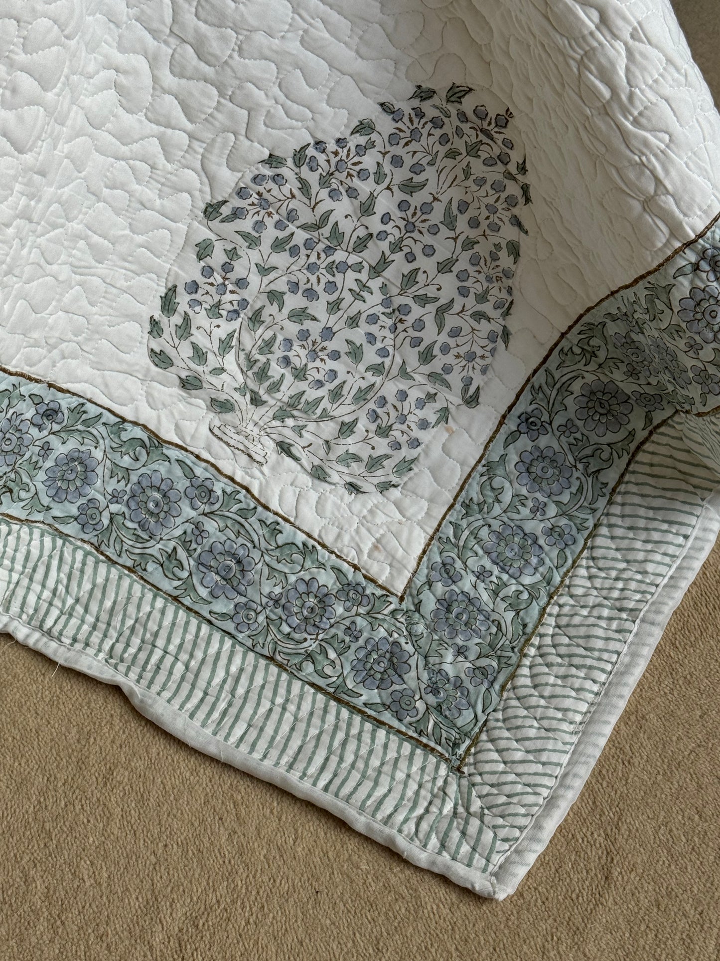 Hand block-printed king size bedspread in blue shrub print, 100% cotton