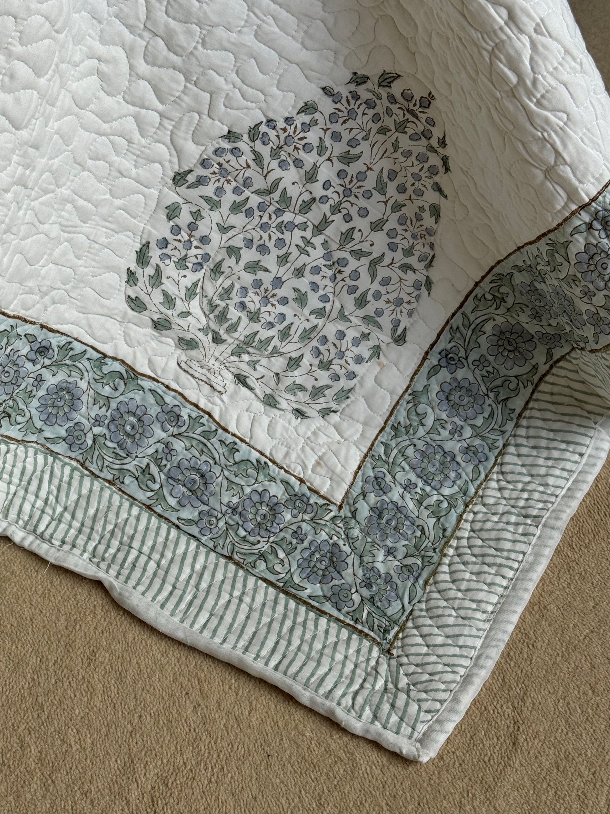 Hand block-printed king size bedspread in blue shrub print, 100% cotton