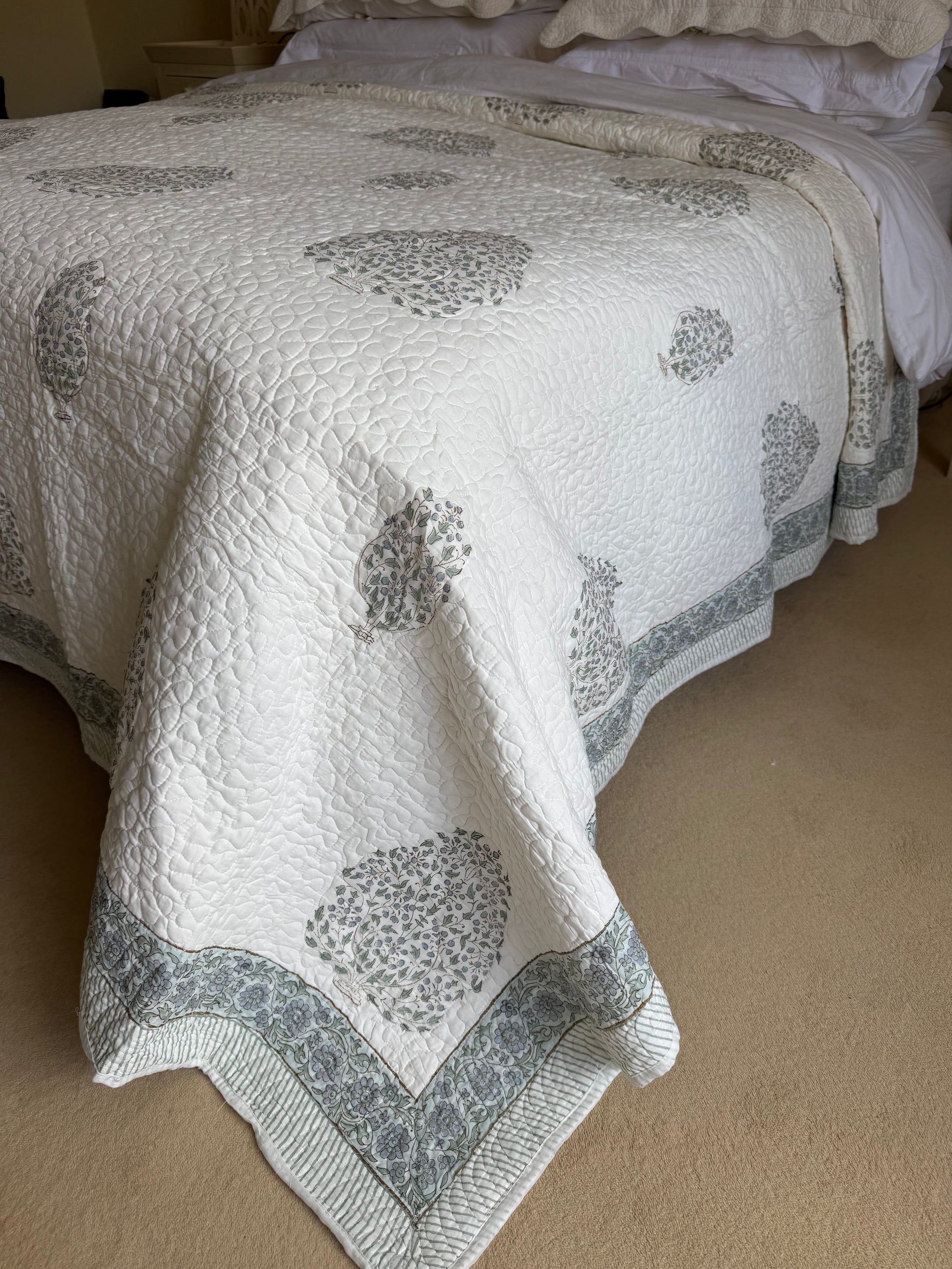 Hand block-printed king size bedspread in blue shrub print, 100% cotton