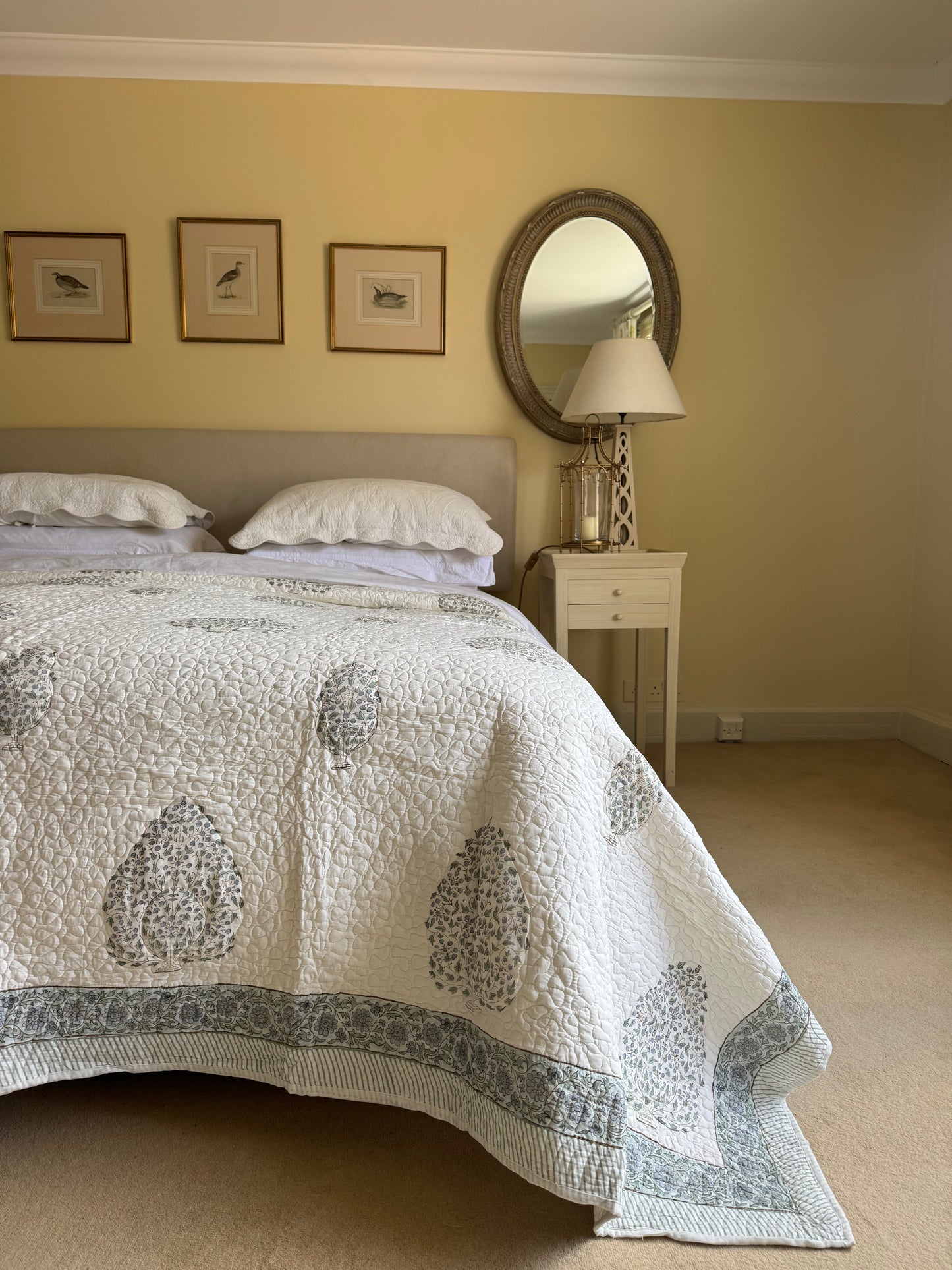 Hand block-printed king size bedspread in blue shrub print, 100% cotton
